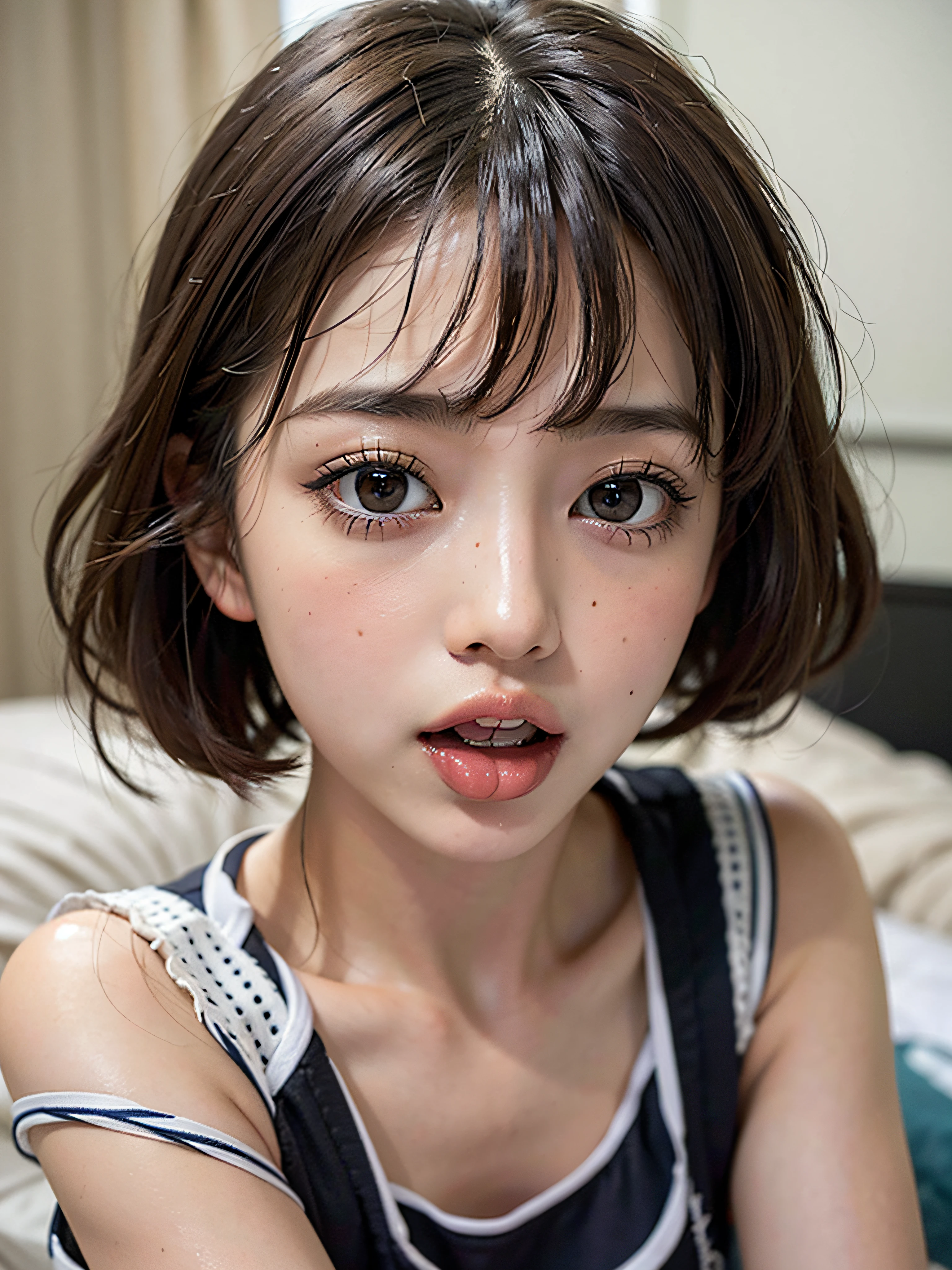 realisticlying、19-year-old girl、fullnude，blondehair、Short bob cut、Super large zoom of the face，Cleavage emphasis，Looking up from the bottom，Blackening of hair，Blue eyes，Fine-grained skin，Croat、Blushing，Red lips，，facials 、Bed sit，stick out your tongue and open your mouth wide、cuminmouth、Wrinkles between the eyebrows，