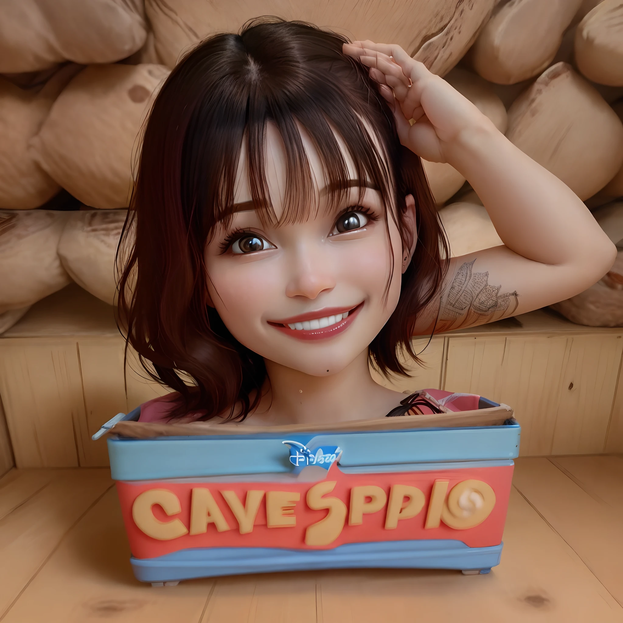 Rapaz de 35 anos, cabelo castanho escuro sorrindo, estilo pixar