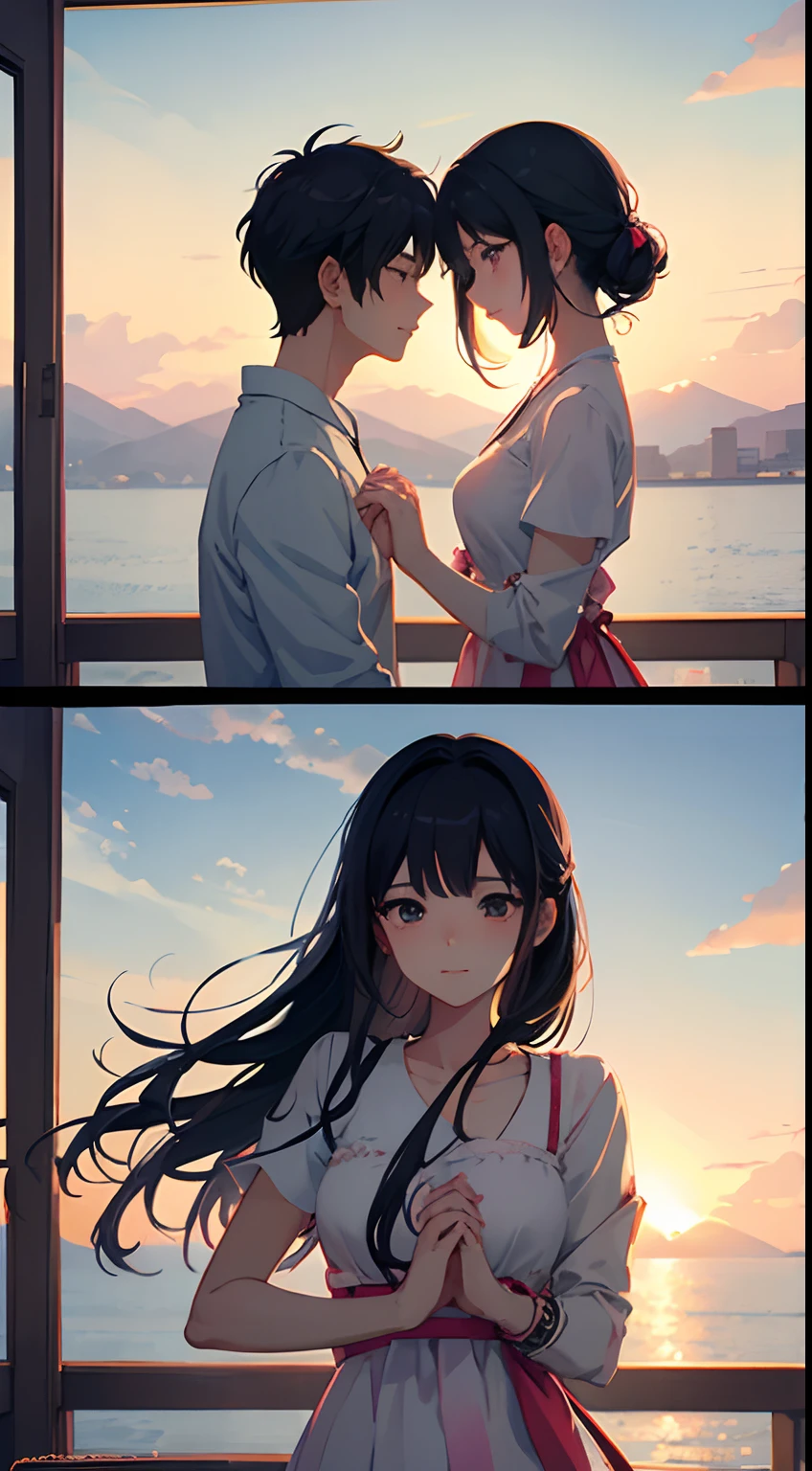 An anime-style illustration of a Korean couple, inspired by K-drama art, tenderly holding hands with a backdrop of a picturesque sunset. Pastel color palette, loving expressions, warm lighting, and a romantic atmosphere