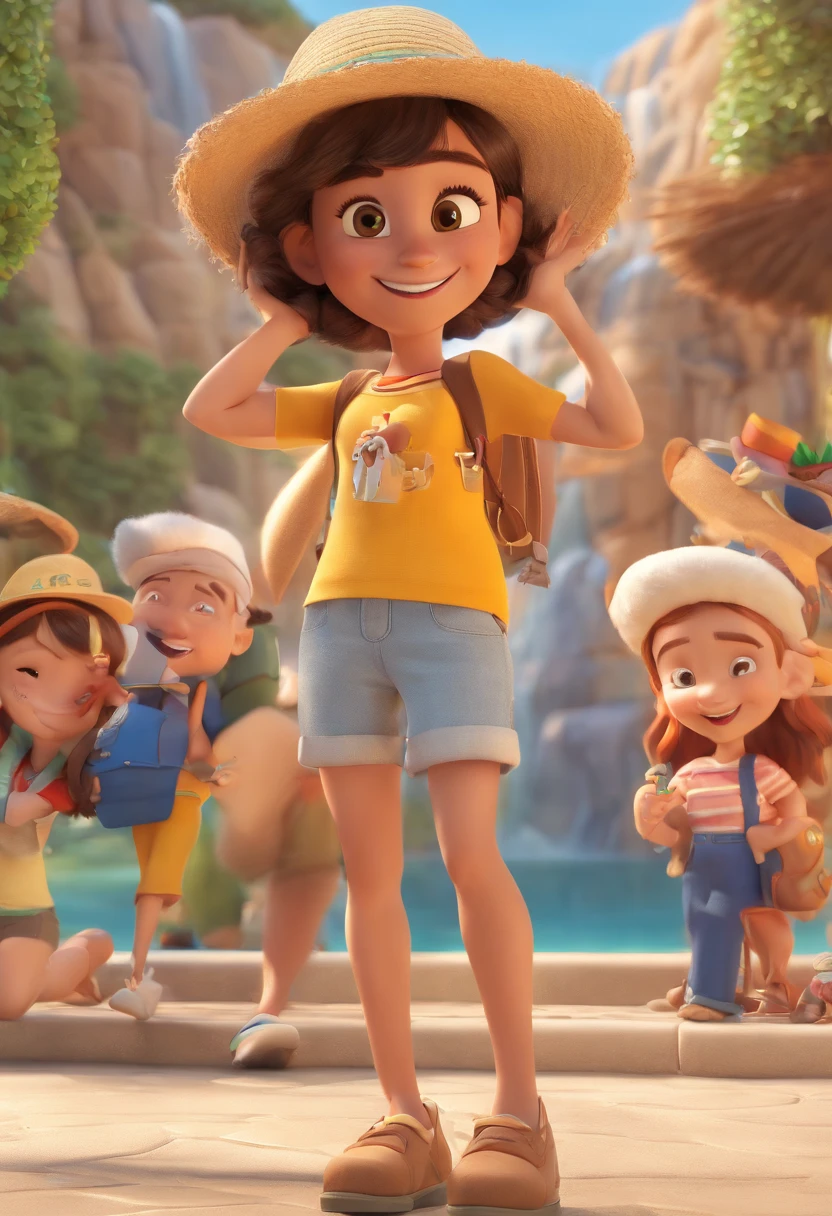 Cartoon of friends having fun on vacation together, 3D Animation Movie Poster, Poster de filme animado, pixar 3 d animation style, pixar renderman rendering, maia 8 mil, animated film, Disney Pixar Estilo 3D, amigos felizes saem juntos, all wearing light blue shirts and cream brown long pants, camisa azul clara, cream brown pants, ao ar livre, vacation, Disney Pixar Animation Poster