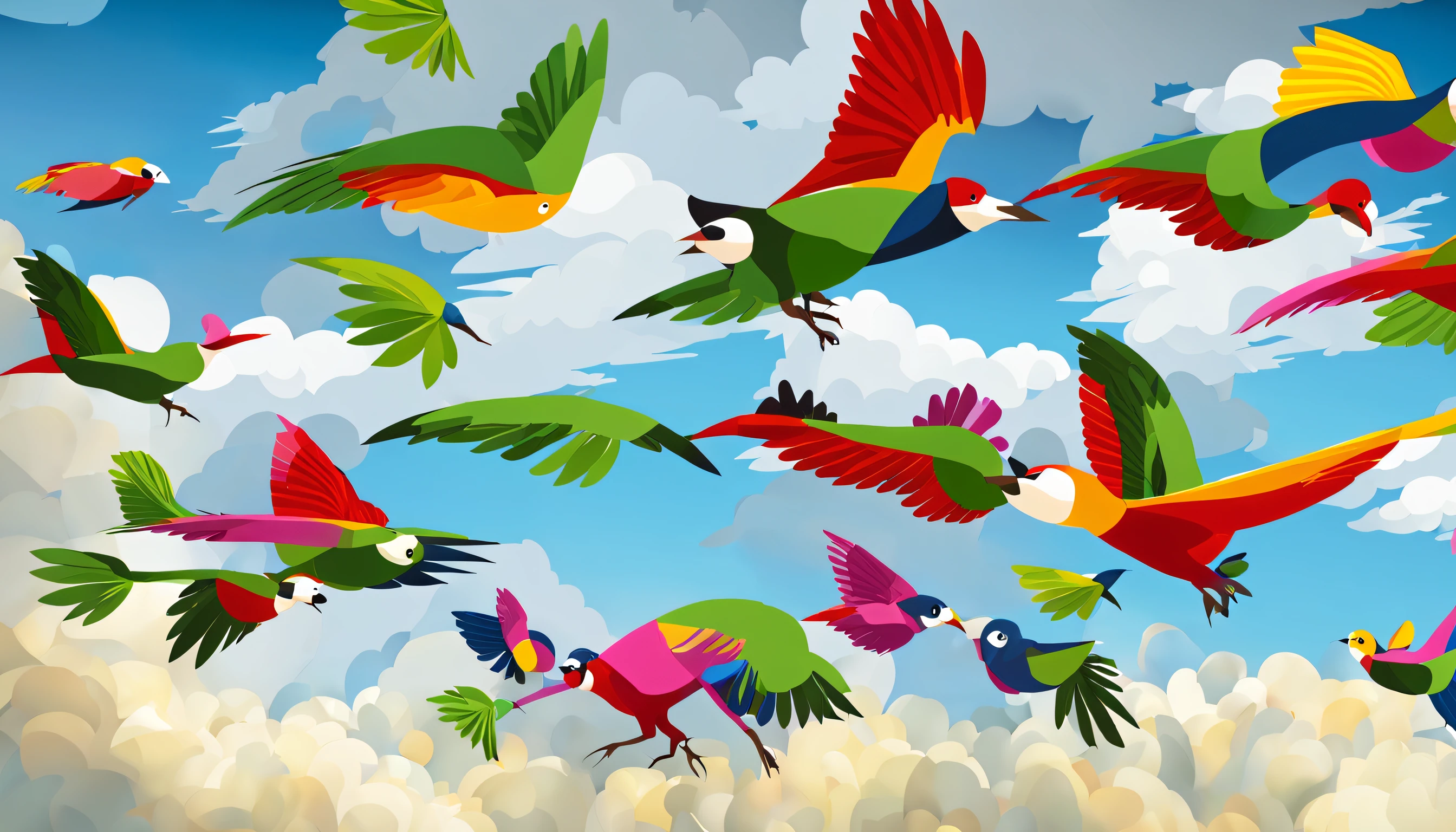 (birds in the sky,flying birds,kids playing,fun,and joyful),(cartoon style:1.1,3D animated),(bright colors,vibrant colors),(outdoor scene,grass,blue sky),(happy children,energetic,laughter),(dynamic motion),(realistic backgrounds:1.2)