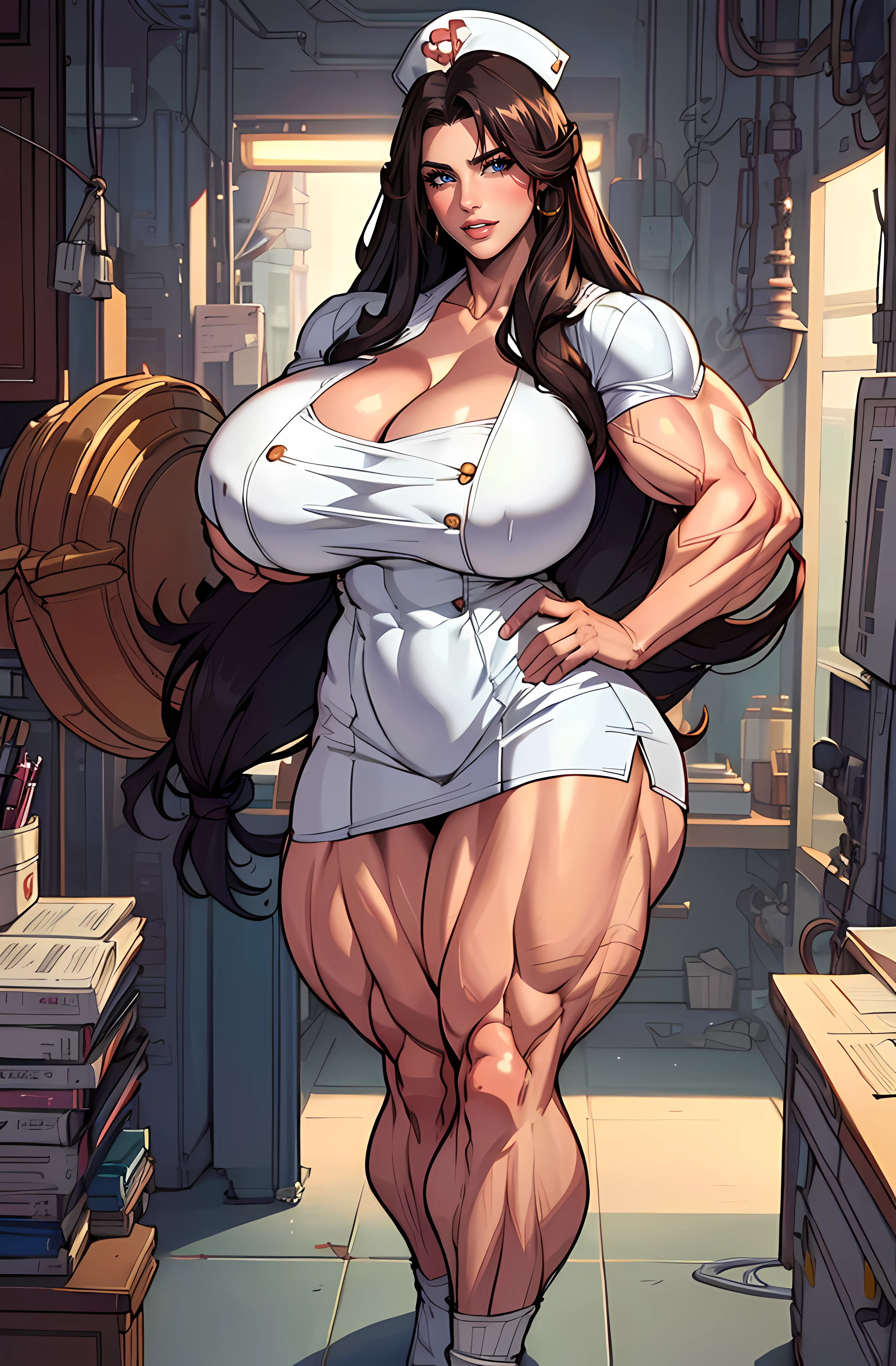 Sexy brunette with long hair, wearing white nurse's uniform, in her office, big lips, cleavage, huge breasts, milf, thick and muscular leg, depth of field, cinematic lighting, anatomically correct, high detail, ((((((huge muscles))))))