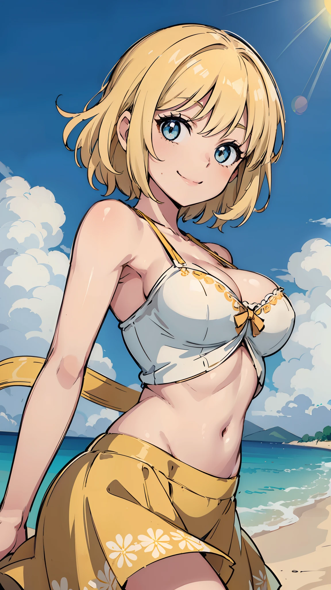 Masterpiece, Best quality, absurderes, perfect anatomia, 1girll, Solo, Pascal Tales, Short hair, Beautiful, cheerful big breasts, Sunny day, planties, Summer breeze, sun skirt, floral patterns, Wavy hair, Smiling