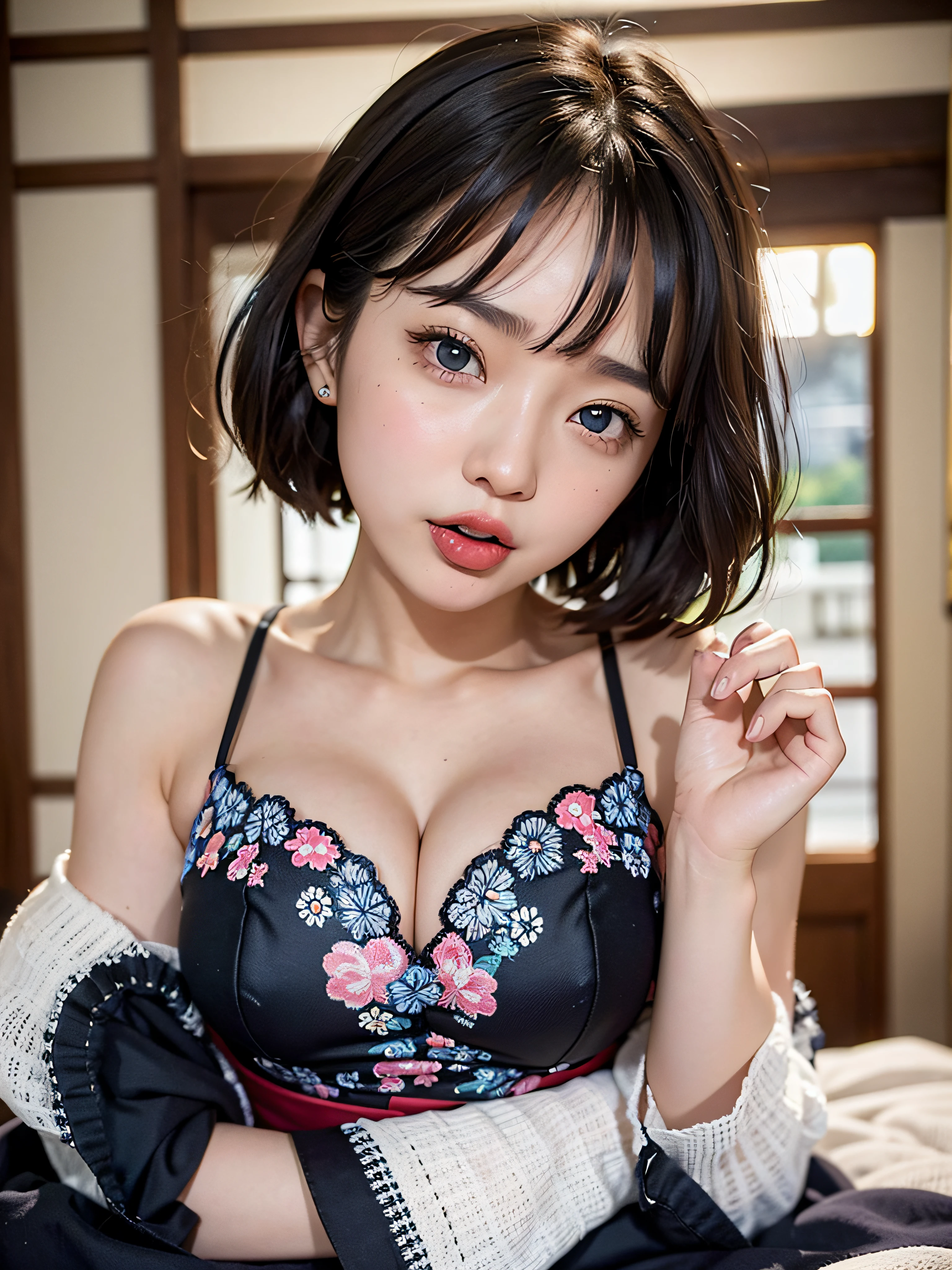 realisticlying、28-year-old girl、fullnude,A dark-haired、Short bob cut、Super large zoom of the face,Cleavage emphasis,Looking up from the bottom,Blackening of hair,Blue eyes,Fine-grained skin,japanes、Blushing,Red lips,masturbation,Bed sit,stick out your tongue and open your mouth wide、Wrinkles between the eyebrows,