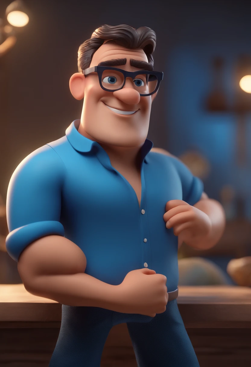 Cartoon character of a man with black glasses and a blue shirt, animation character, Caractere estilizado, animation style rendering, 3D estilizado, Arnold Maya render, 3 d render stylized, toon render keyshot, Personagem 3D, Personagem 3D, 3d rendering stylized, 3 d character render, personagem de desenho animado, Personagem de close up, Pose de personagem, (Estilo Pixar) (master part:1.2) (Bokeh) (best quality) (pele detalhada) (textura detalhada) (8k) (argila) (Cinematic lighting) (foco nítido