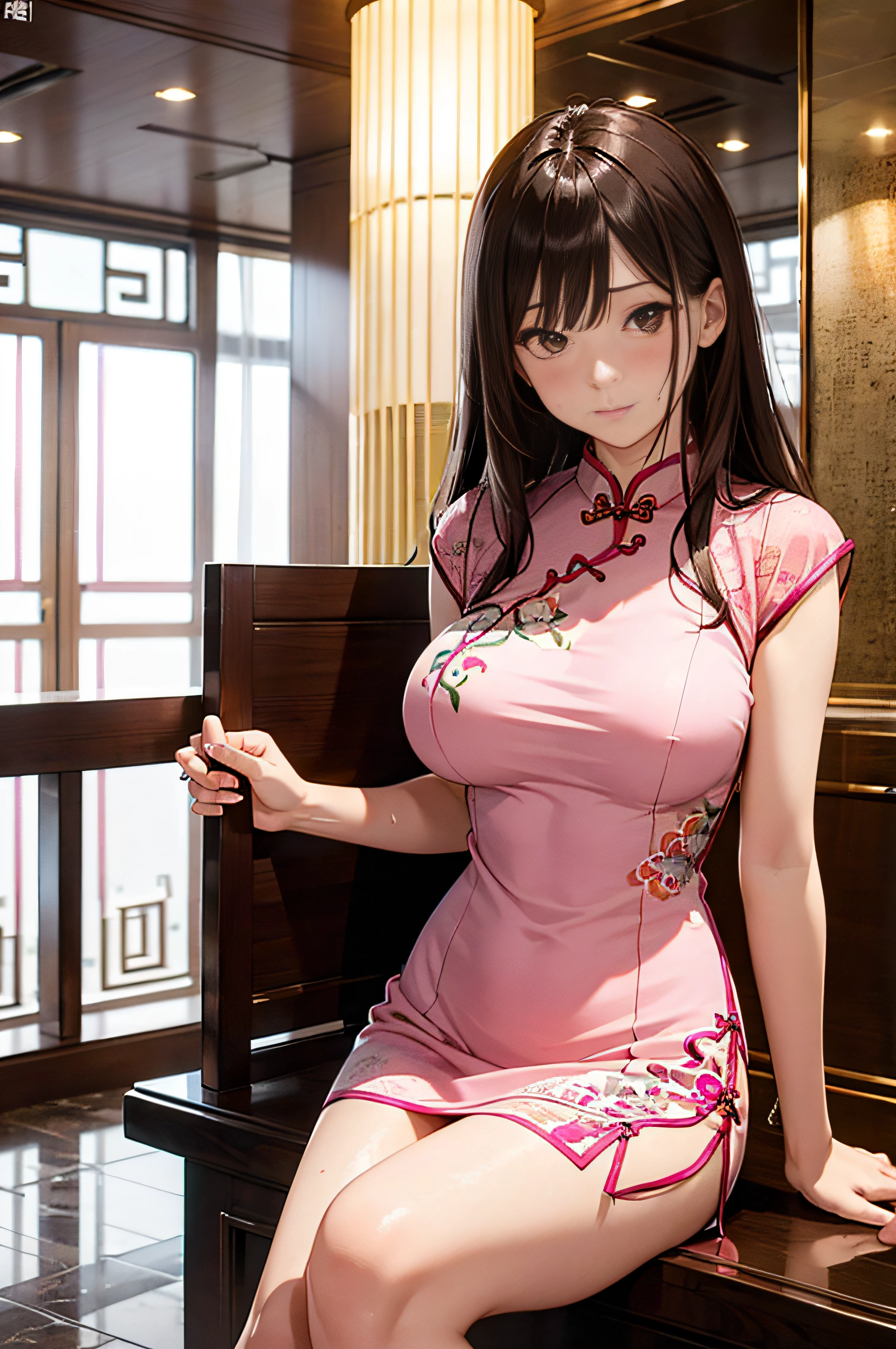 masutepiece,Best Quality,High resolution,Fine details,Solo,Adult Woman,blush,Curve,Large breasts,Oily skin,(cheongsam in bright colors、gorgeous embroidery),a luxury hotel room、Dark brown longhair、Shy laughter、Stockings、Puffy hips、Puffy nipple