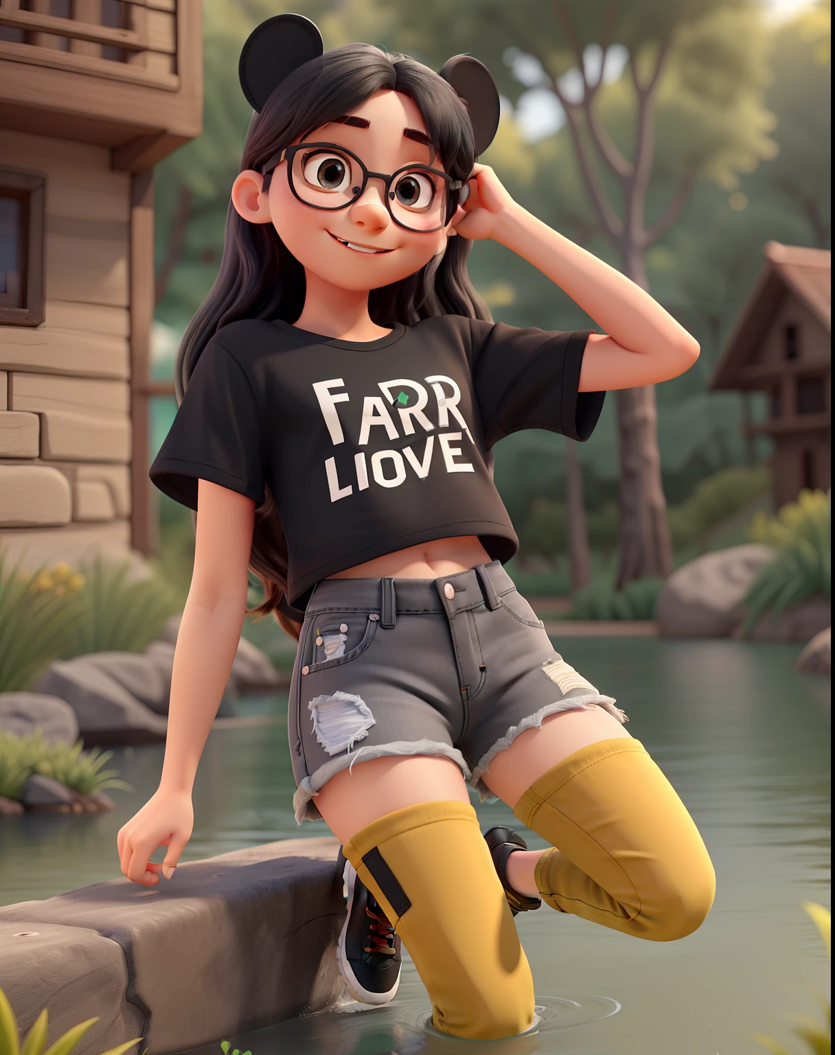 punk girl wearing glasses and a dark shirt, blurred green grass and trees in the background, short brown hair, detailed face, high quality, high resolution