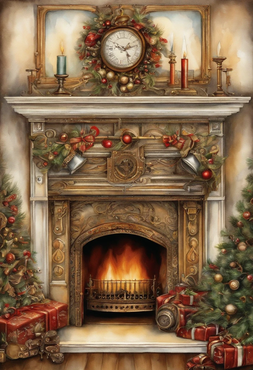 Two Christmas stockings hanging at a richly decorated fireplace, watercolor, white background