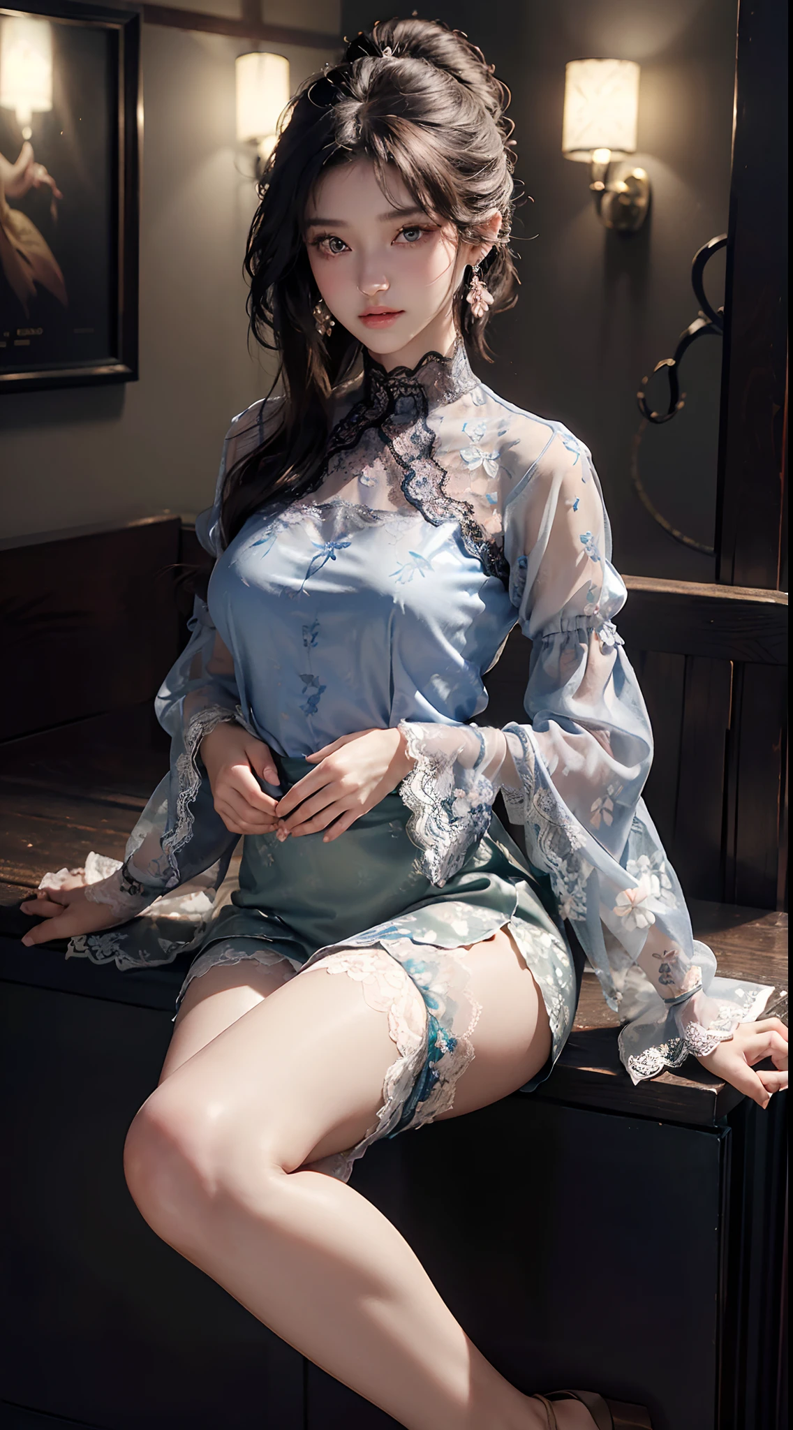 (wearing Shirt blouse women's tops elegant sheer floral lace chiffon blouse high neck long sleeve voluminous sleeves plus size:1.3) head and full body, Extremely cute human eighteen year old girl, bare legs, very beautiful and feminine, short, petite, beautiful breast, small, busty buttocks, large bust, large breast, bare legs, bare legs, cleavage display, flat belly display, detailed eyes, detailed nose, super detailed on face, partial accessory with earring on the ear, very stylish, award-winning product design, tights, bare legs, Shiny breast top opens at the cleavage and abdomen, stylish, glowing trims, atmospheric perspective, 8k, super detail, Accurate, best quality,