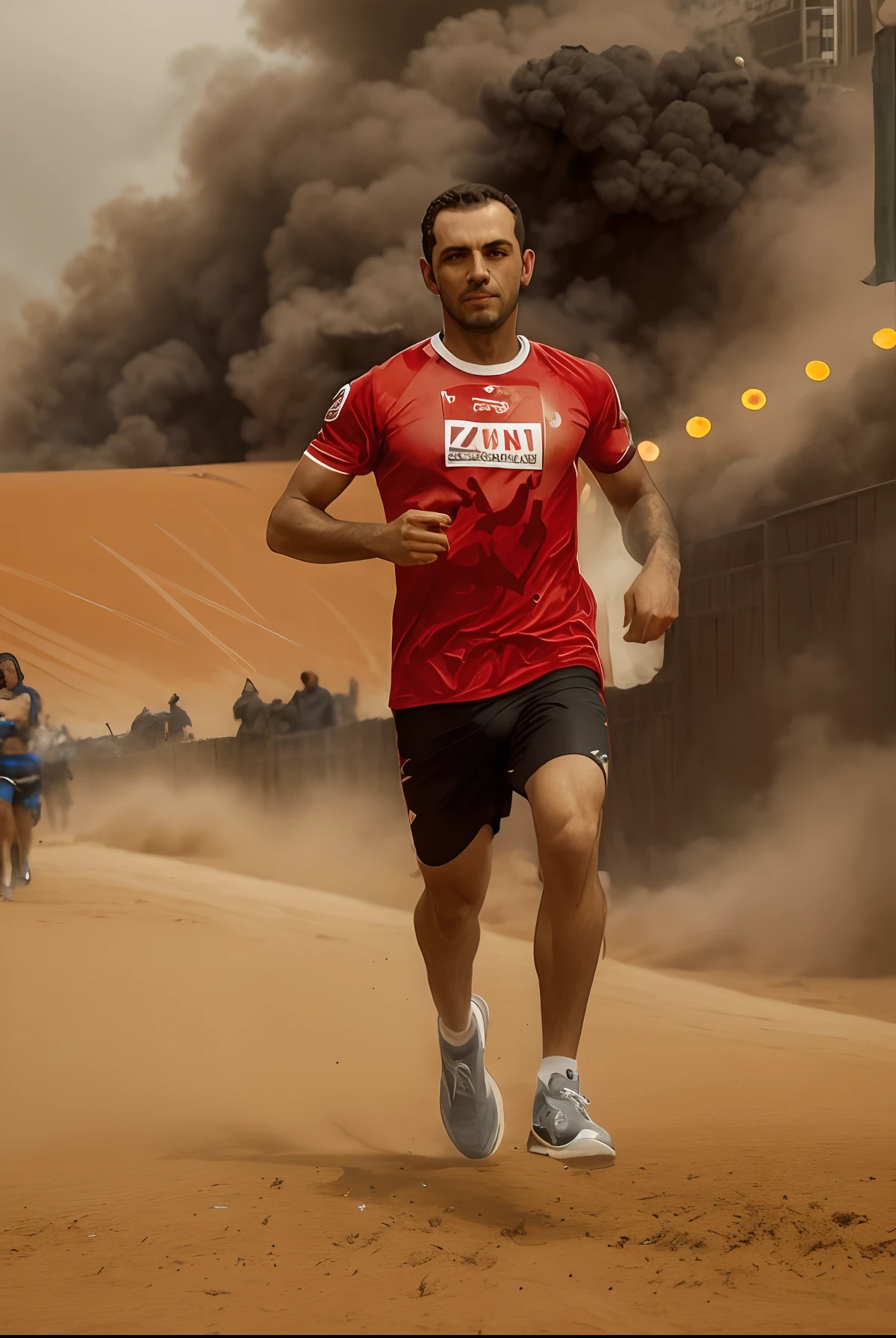 Arafed homem correndo em uma maratona com uma camisa vermelha, Raphael Personnaz, No estilo de Kyrill Kotashev, Anton, Craig Mullins 8 K, Alex Miranda, photos that go hard, david rios ferreira, Greg Rutkowski 8 mil, foto viral, Fotografia tirada em 2 0 2 0, Ruan Jia, Pose de corrida, extremamente intrincado