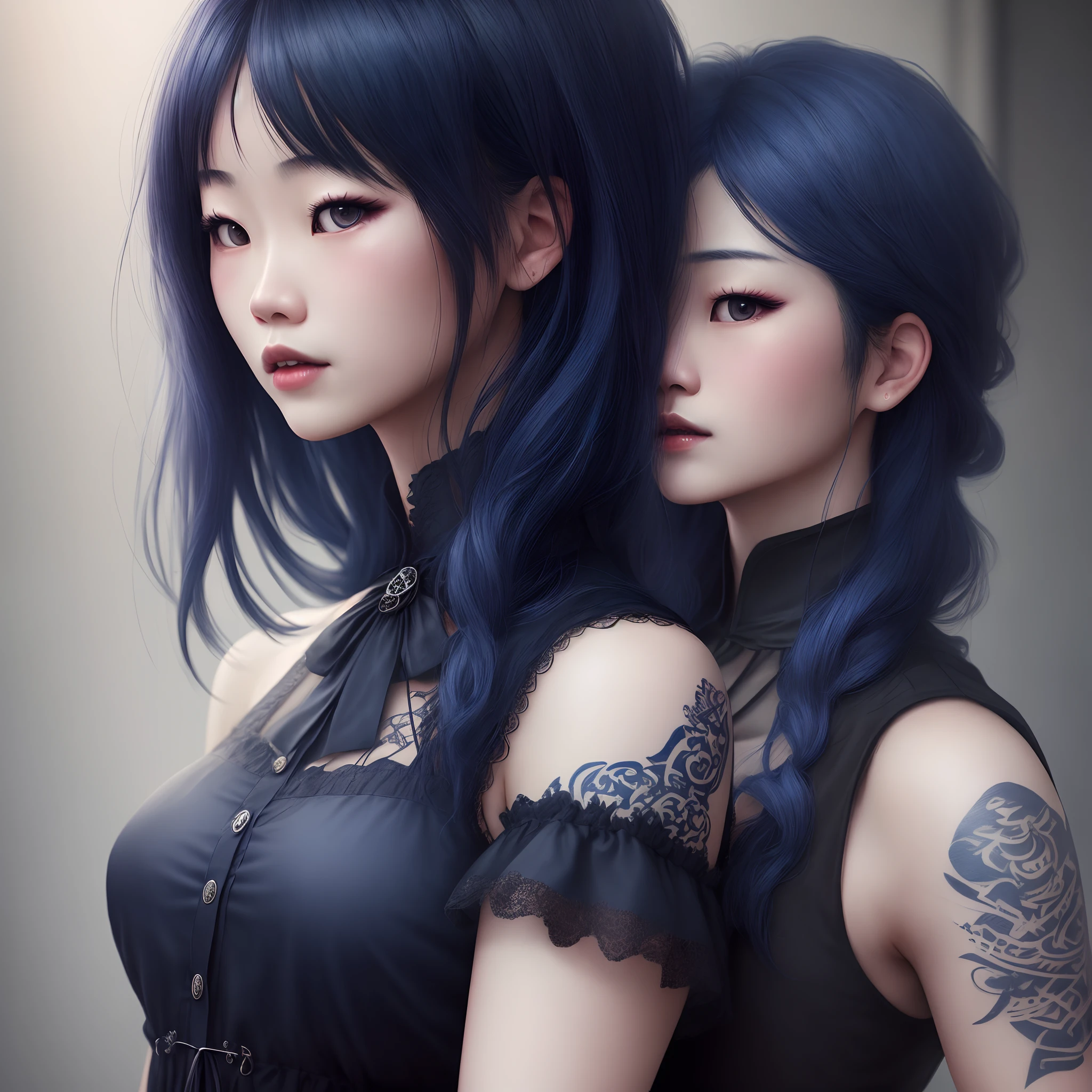 Realistic Asian Girl with Dark Blue Hair and Light Eyes, pale-skin, tatuajes en cuello y brazos, with gothic black clothes.