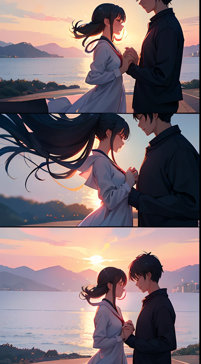 An anime-style illustration of a Korean couple, inspired by K-drama art, tenderly holding hands with a backdrop of a picturesque sunset. Pastel color palette, loving expressions, warm lighting, and a romantic atmosphere