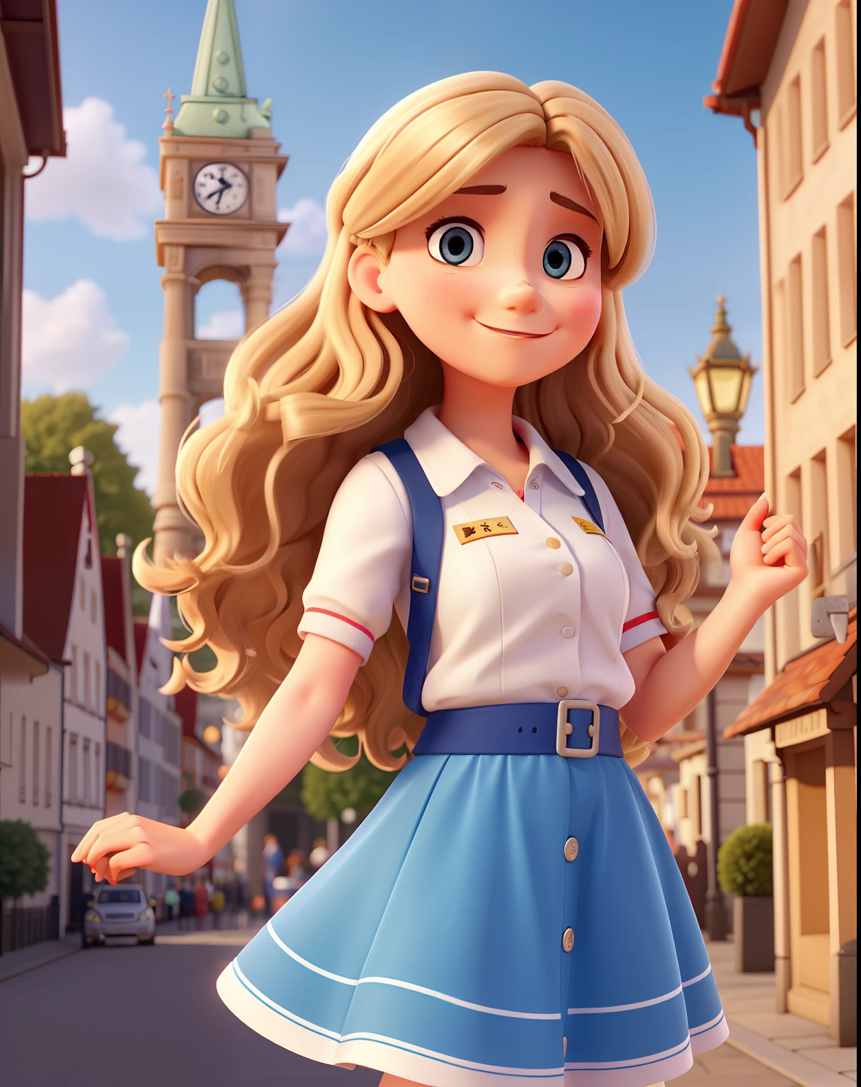 An illustration of a cute 30 year old woman with the flag of Germany in her hand with dark blonde wavy hair with blonde highlights, a sweet smile, kleiner Nase, braune Augen und einem blauen Kleid. Sie ist Deutschlehrerin. Sie steht vor dem Brandenburger Tor in Berlin. Die Sonne scheint. Illustrieren Sie diese Szene aus einer Perspektive, in der sie in die Kamera blickt, Entwickeln Sie diese Kunst in Full HD, Konzentriere dich auf deinen cineastischen Touch, Disney Pixar Animationen Stil