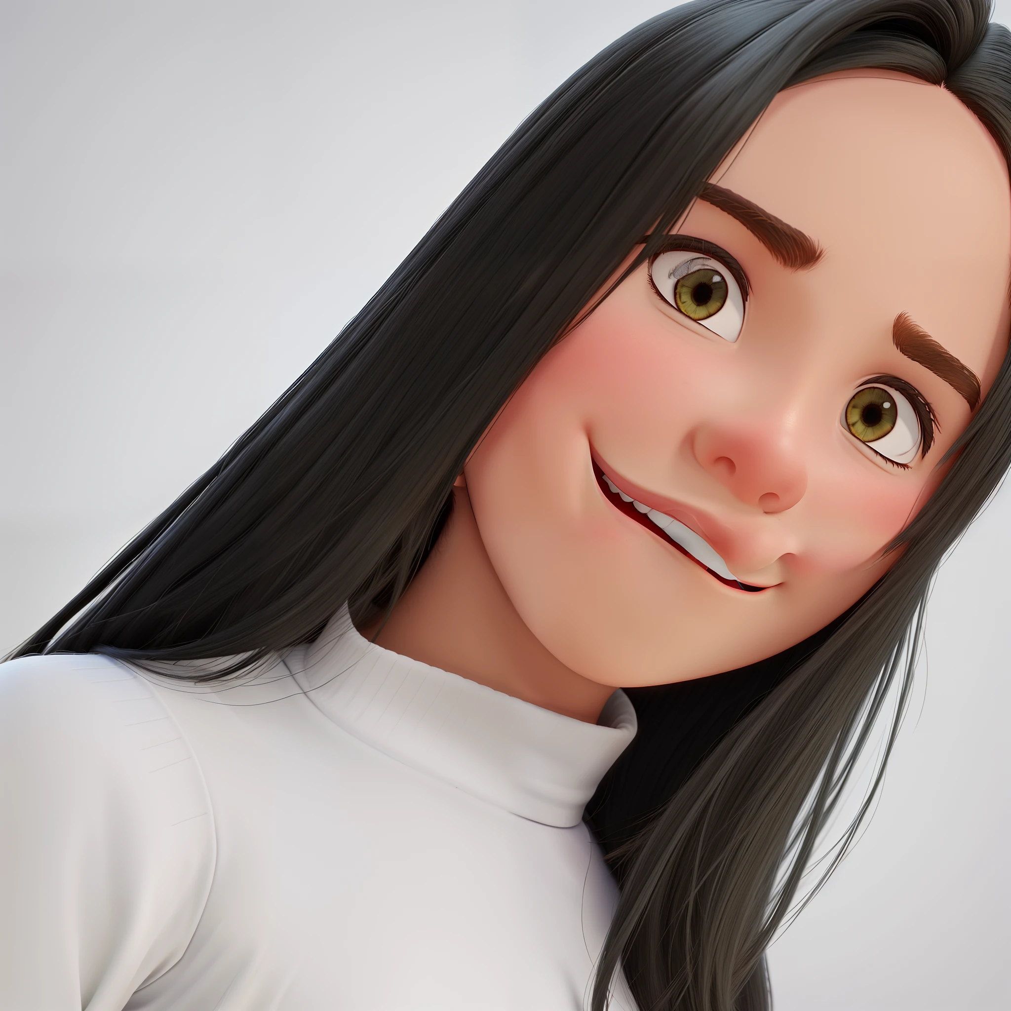 mulher no estilo Disney Pixar, alta qualidade, cabelo liso castanho , blusa branca de manga longa