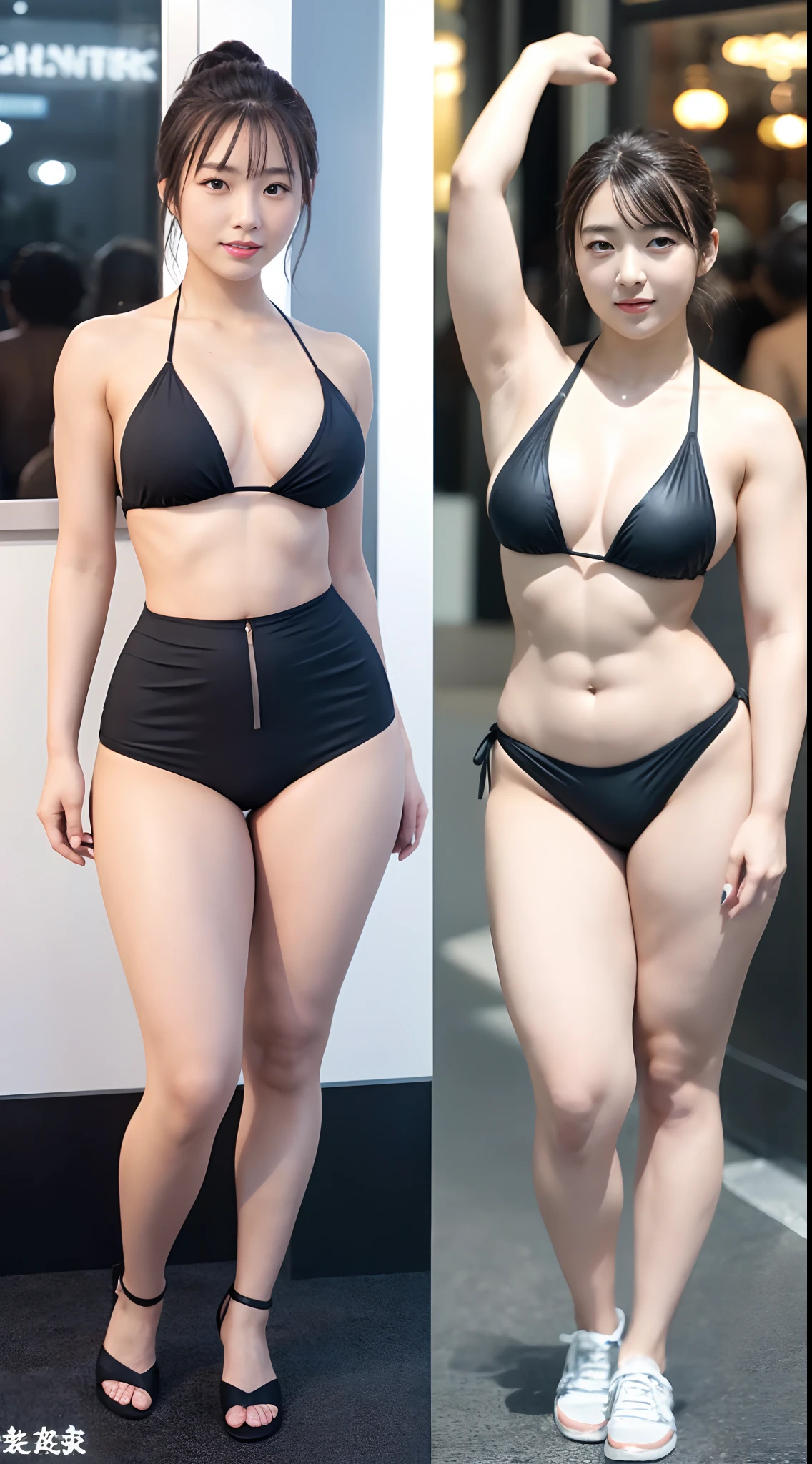 (Best Quality,8K,nffsw:1.2),(Full body shot),(1人)、(tall:2.5,thick and long legs:2.3),(cute Japanese girls)、(Crystal clear fair skin:1.4),Wide buttock:1.6,((Sculpted muscular thighs like a bodybuilder:1.8、thick thighs:1.86,The thinnest waist:1.4)),Niō Standing,Stand with your legs open,Black Bikini:1.4,Crowds