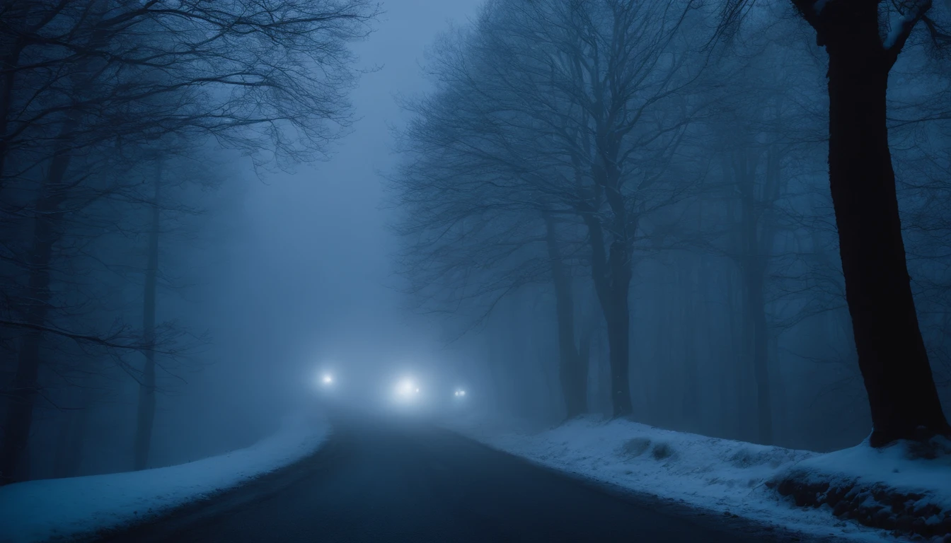 driving on an old winding road by a graveyard in a Transylvanian forest at night, foggy winter night, looking down to an old ghostly town