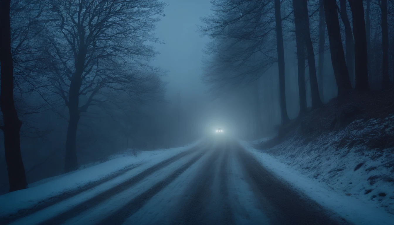 driving on an old winding road by a graveyard in a Transylvanian forest at night, foggy winter night, looking down to an old ghostly town