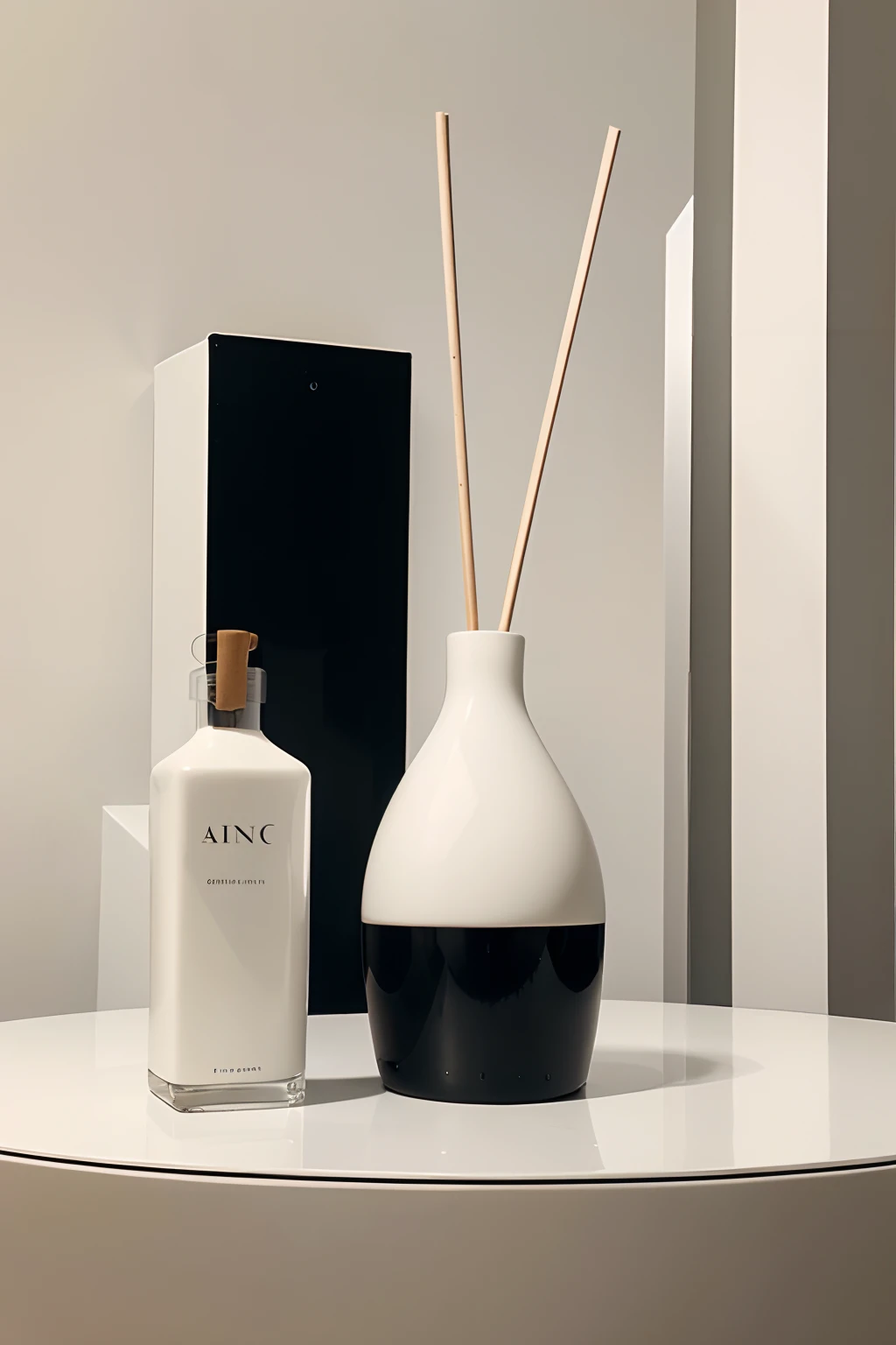 elegant space, minimalistic, black, white and beige colors with style and refinement, with product photoshoot of scented diffusers with black and white bottle,