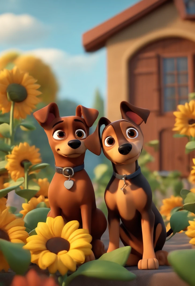 Create a Disney PIXAR-style 3D poster. ((centro da imagem sendo um casal e 2 cachorros)), ((1 homem e uma mulher)) ((e cachorros no meio, They're hugging each other, O homem tem pele castanha e cabelos castanhos escuros com topete e olhos castanhos escuros, 1 mulher tem pele clara, dark eyes and hair medium size and straight, the two dogs are of the Pinscher breed, one brown and the other black, both are very small with striking eyes)) ((tudo isso no estilo Disney PIXAR 3D, In the background, A house of sunflowers, Gloria Studio, The garden is full of nature 3D render RTX clay material, estilo de design cartunesco, POP Mart, soft lighting, linhas suaves, Spring tilt, Detailed illustrations of PIXAR 3D, Detalhes hiper-realistas, cor quente no estilo Disney PIXAR 3D))