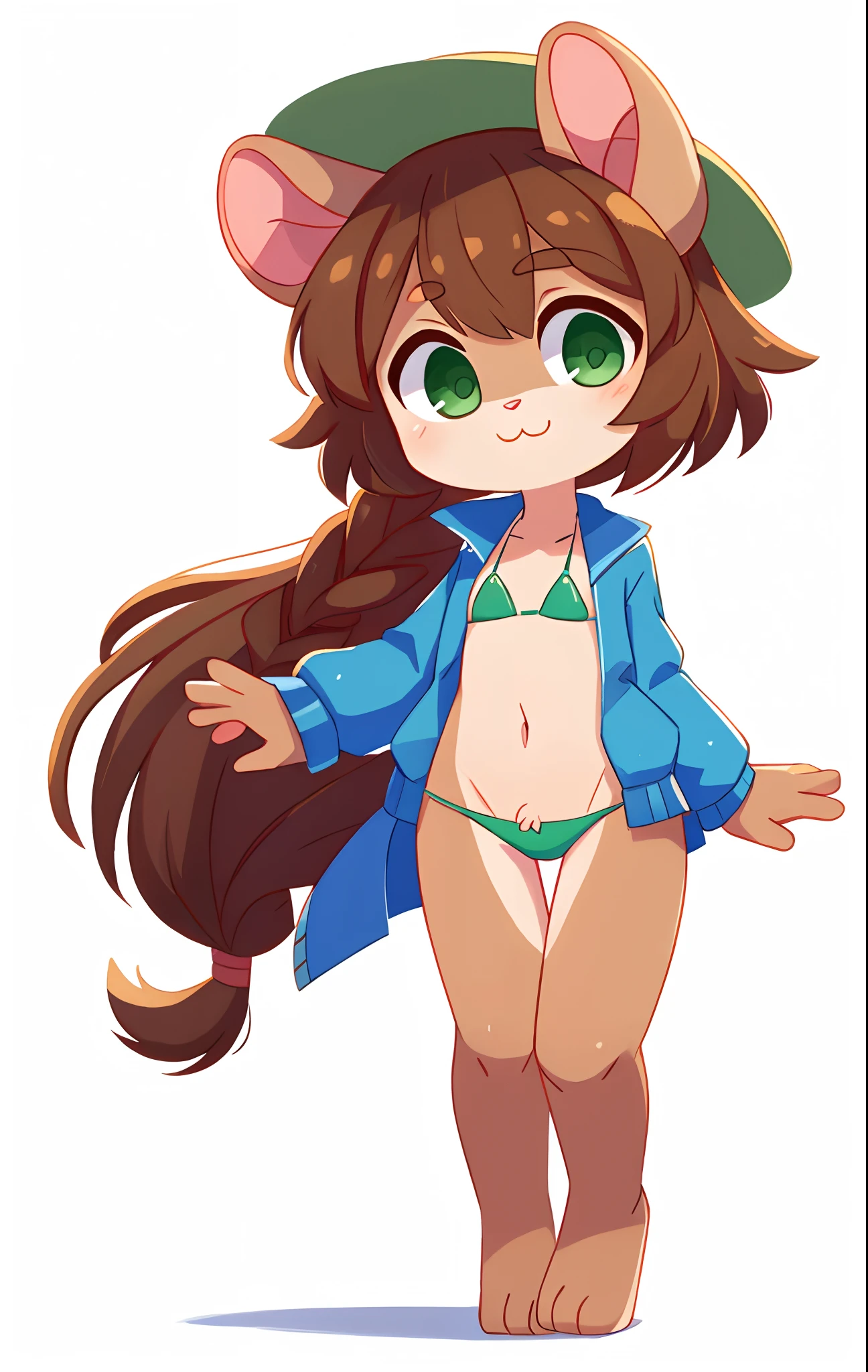 Furry girl, young, mouse, cute hair, long big braid, brown hair, green eyes, small breasts, detailed body fur, straw hat, blue jacket, green cute bikini, open clothes, masterpiece, looking at you, clear brown body fur, detailed face, big eyebrows, detailed eyes, detailed body simple background, white background, detailed hands, glistering body, shiny body, feets whit three toes, full body, :3, skinny, cute stance,