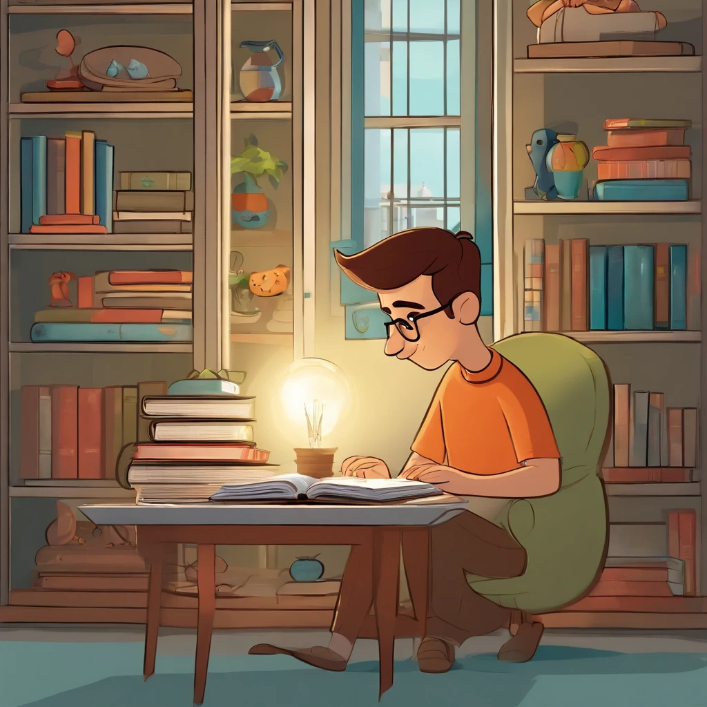 fundo branco, pixar desenhos animados 3D, homem lendo um livro, ::estilo pixar cartoon