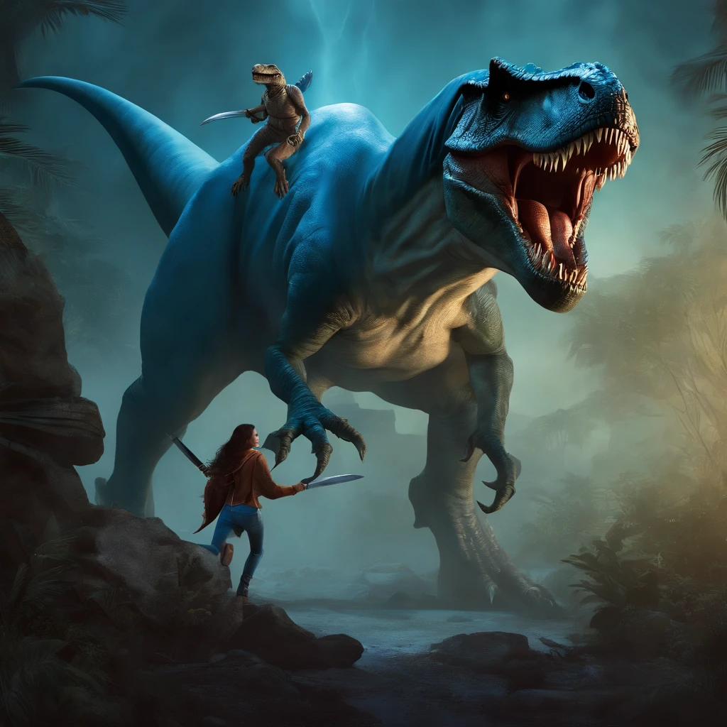 Lucas Bracey, Dinosaurios con lobos en la espalda ,(((Beautiful girl in blue cape and hood is fighting t-rex dinosaurs with a futuristic machete in her hands))), 8k, Foto RAW, (Piel altamente detallada: 1.2), (Metamorfosis expuesta: 1.1), (Espalda desnuda: 1.5), , (Lo que ves de arriba a abajo:1.5), ((::Al estilo de Je Lee y Joe Madureira ::2.0 comix illustration style,Estilo Tatoon ,, (Hermoso fondo brillante:1.2),, Fantasy painting , ::Estilo Jason Fabok y Yoji Shinkawa ::2.0 comix illustration style,Estilo Tatoon , comic book style , (Hermoso fondo brillante:1.2),, Fantasy painting ,en estilo graffiti; Piezas maestras, Mejor calidad, Alta calidad, papel tapiz de la unidad CG 8k altamente detallado, Paisaje, An award-winning photograph, NFFSW, El es muy detallado, Tendencias en Artstationh, Tendencia de CGsociety, con un intrincado, Alto detalle, Arte por Midjourney Style::Estilo Kenneth Rocafort ::2.9 (Piezas maestras:1.2, Mejor calidad), (Ojos en hermosos detalles: 1.2),