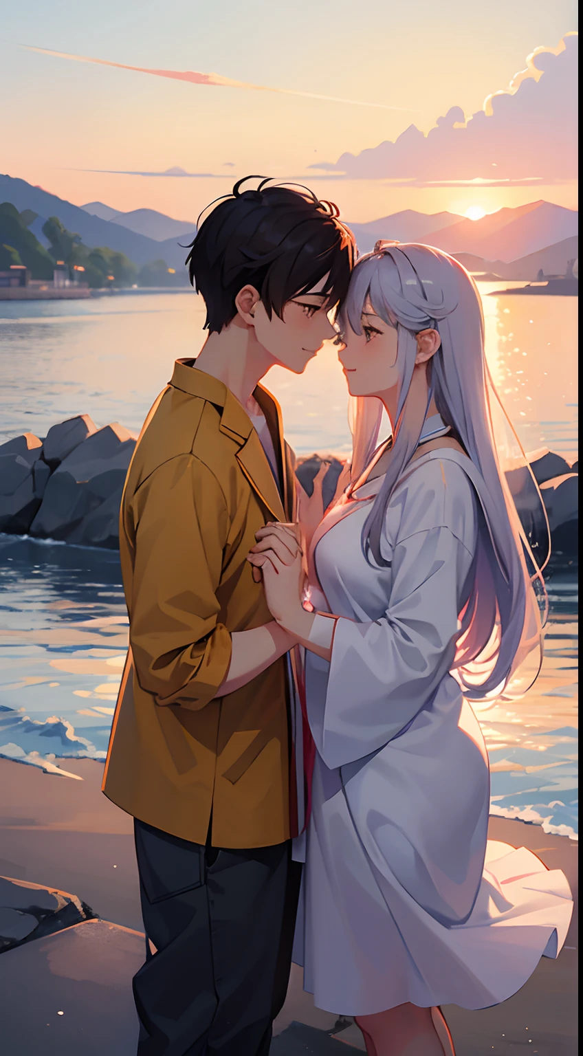 An anime-style illustration of a Korean couple, inspired by K-drama art, tenderly holding hands with a backdrop of a picturesque sunset. Pastel color palette, loving expressions, warm lighting, and a romantic atmosphere