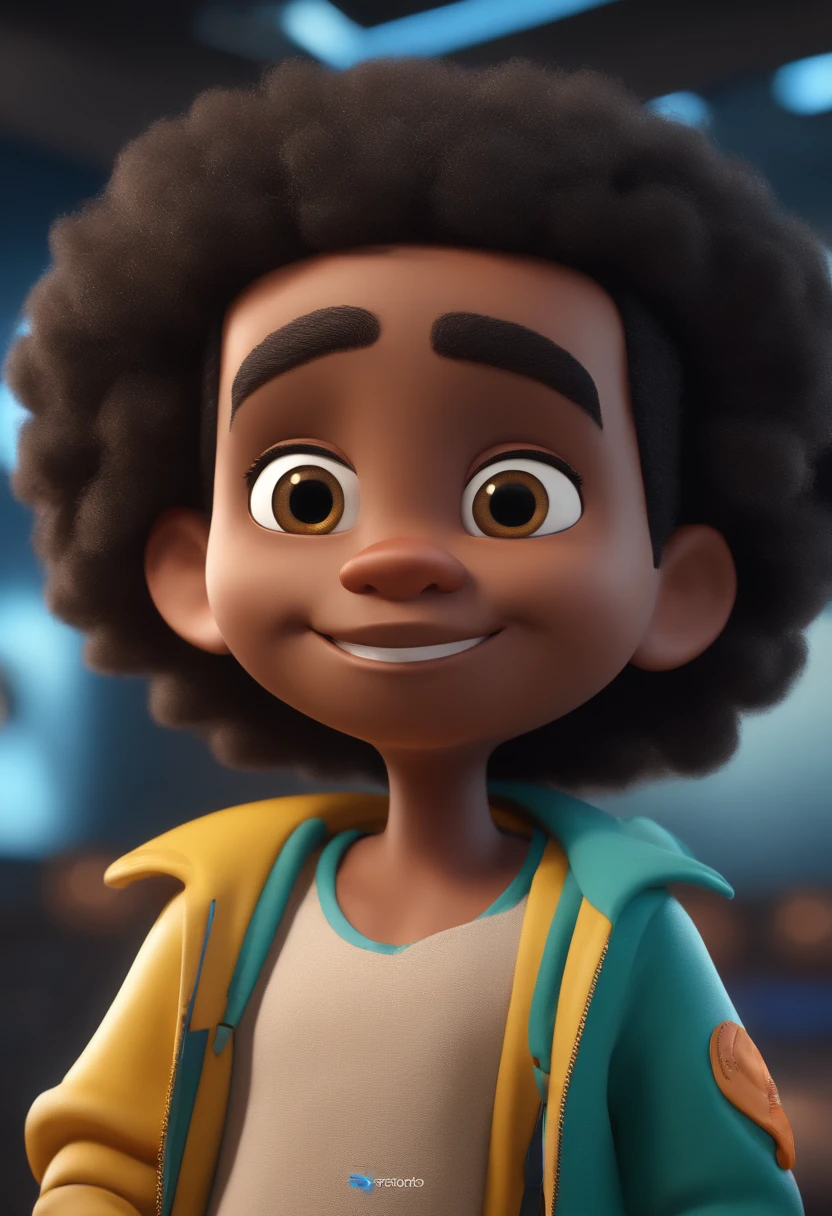 Cartoon character of a black man with curly black hair with the sides of his head shaved with a stylish outfit, animation character, Caractere estilizado, animation style rendering, 3D estilizado, Arnold Maya render, 3 d render stylized, toon render keyshot, Personagem 3D, Personagem 3D, 3d rendering stylized, 3 d character render, personagem de desenho animado, Personagem de close up, Pose de personagem, (Estilo Pixar) (master part:1.2) (Bokeh) (best quality) (pele detalhada) (textura detalhada) (8k) (argila) (Cinematic lighting) (foco nítido