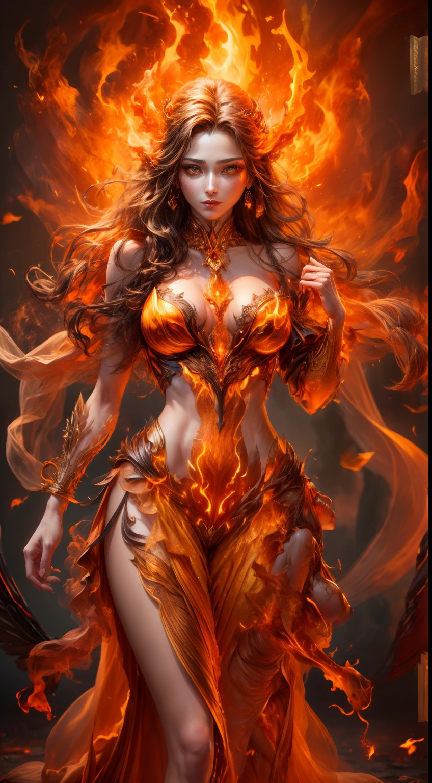 This is a realistic fantasy artwork prominently featuring realistic fire, including wisps of flames, glowing hot embers, subtle curls of smoke, and a beautiful fire druid. The druid stands in the midst of a raging inferno with an interesting composition. Her face is expertly sculpted, with elegant and refined features and perfect shading and realistic skin texture. Her (orange and gold eyes) are stunning and are the focal point of this image. (Her eyes extremely detailed, beautiful detailed eyes, and macro). Her eyes feature intricate detailing with clearly defined irises and bright sclera. Her soft lips are smooth and very puffy, and her skin is adorned with a light flush and ornate fire detailing. Her long gown is stunning and expensive, and is made of pure flames and glittering, ornate jewels that glimmer in the fire light. Her billowing gown glitters from the flames and features a delicately and intricately embroidered bodice with wisps of flames running across it. Include fantasy elements like bumps, stones, fiery iridescence, glowing embers, silk, and an interesting background. Include fiery magical creatures such as fiery birds and fiery butterflies that give off a magical and mystical aura. Lighting: Utilize the latest trends in lighting to enhance the artwork's beauty. Camera: Utilize dynamic composition to create a sense of urgency and excitement. Take inspiration from the current masters of the fantasy genre, including trending artists on Artstation and Midjourney. ((masterpiece))