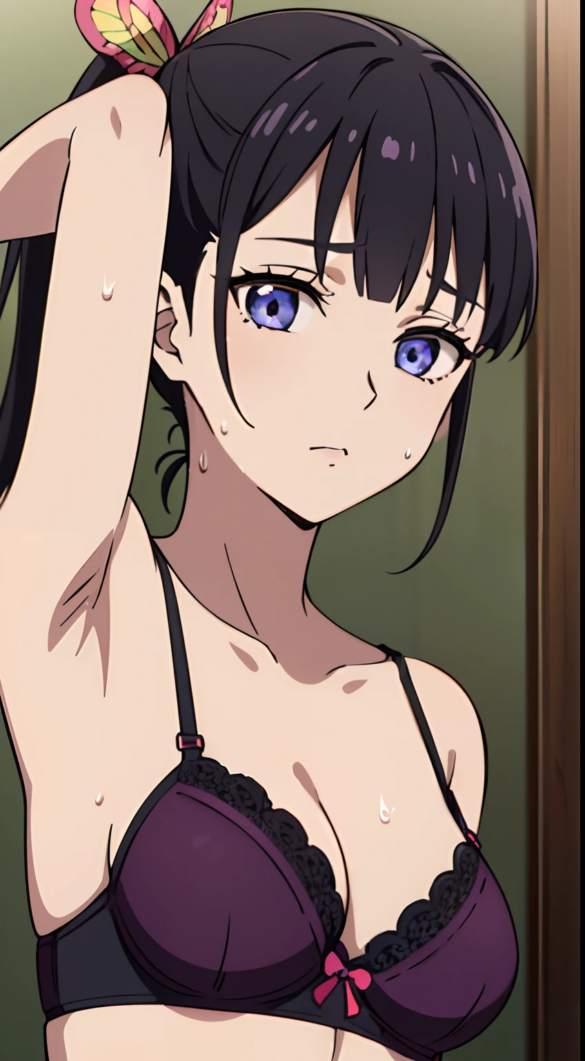 Anime style, Highres, Masterpiece, Best quality at best,Best Quality,hight quality, hight detailed, kanao tsuyuri, black hair, butterfly, butterfly hair ornament, (purple eyes:1.1), side ponytail, ponytail, bra, (sweat), (armpit), upper body, best quality, high resolution, unity 8k wallpaper, (illustration:0.8), (beautiful detailed eyes:1.6), extremely detailed face, perfect lighting, extremely detailed CG, (perfect hands, perfect anatomy),