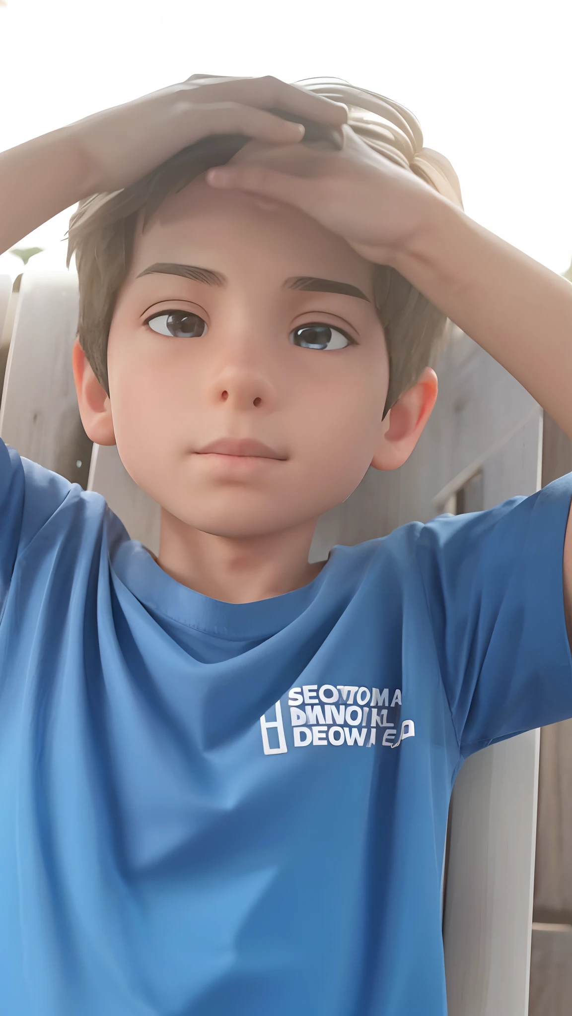 A imagem mostra um sentado em um banco de madeira, which is located near a fence. The boy is wearing a black shirt and appears to be looking at the camera. The bench is positioned in the middle of the scene, com a cerca estendendo-se para os lados esquerdo e direito da imagem. The boy's posture and the presence of the bench suggest that this could be a park or a similar outdoor environment.Gere essa imagem no estilo de anima