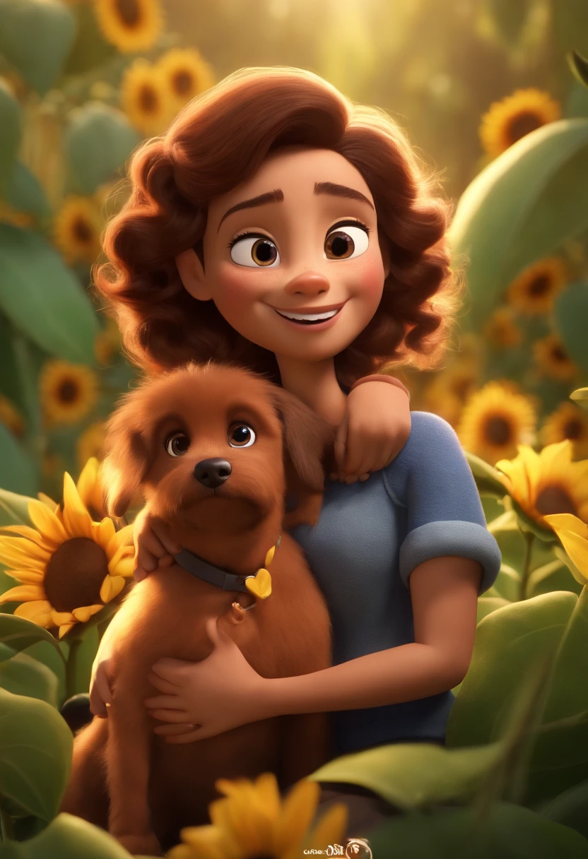 Create a Disney PIXAR-style 3D poster. ((centro da imagem sendo um casal de humanos e 2 cachorros)), ((um homem e uma mulher)) ((e cachorros no meio, They're hugging each other, O homem tem pele castanha e cabelos castanhos escuros com topete e olhos castanhos escuros, 1 mulher tem pele clara, dark eyes and hair medium size and straight, the two dogs are of the Pinscher breed, one brown and the other black, both are very small with striking eyes)) ((tudo isso no estilo Disney PIXAR 3D, In the background, A house of sunflowers, Gloria Studio, The garden is full of nature 3D render RTX clay material, estilo de design cartunesco, POP Mart, soft lighting, linhas suaves, Spring tilt, Detailed illustrations of PIXAR 3D, Detalhes hiper-realistas, cor quente no estilo Disney PIXAR 3D))