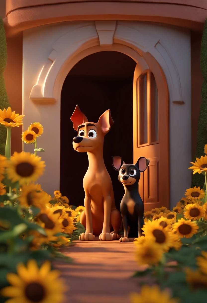 Create a Disney PIXAR-style 3D poster. ((centro da imagem sendo um casal de humanos e 2 cachorros)), ((um homem e uma mulher)) ((e cachorros no meio, They're hugging each other, O homem tem pele castanha e cabelos castanhos escuros com topete e olhos castanhos escuros, 1 mulher tem pele clara, dark eyes and hair medium size and straight, the two dogs are of the Pinscher breed, one brown and the other black, both are very small with striking eyes)) ((tudo isso no estilo Disney PIXAR 3D, In the background, A house of sunflowers, Gloria Studio, The garden is full of nature 3D render RTX clay material, estilo de design cartunesco, POP Mart, soft lighting, linhas suaves, Spring tilt, Detailed illustrations of PIXAR 3D, Detalhes hiper-realistas, cor quente no estilo Disney PIXAR 3D))