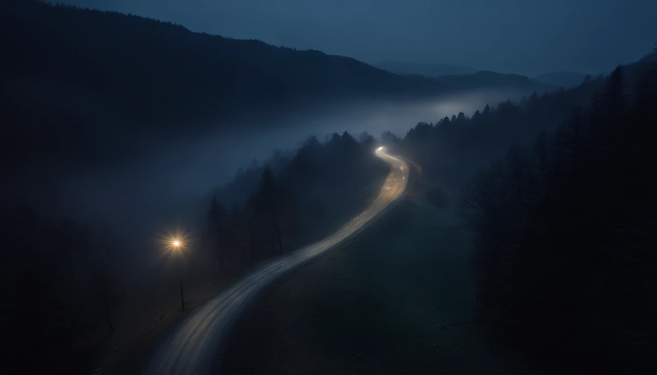 shot from above, driving on an old winding road by a graveyard in a Transylvanian forest at night, foggy winter night, looking down to an old ghostly town