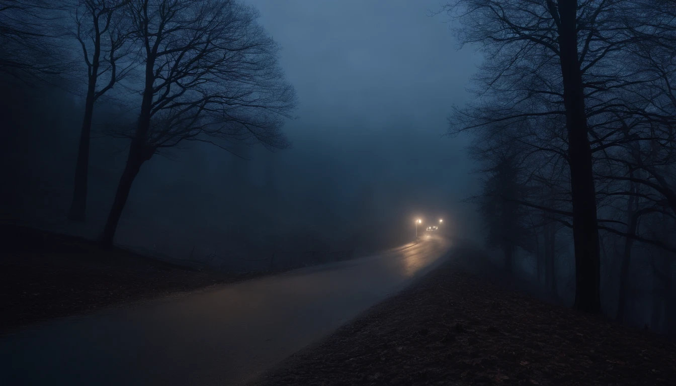 shot from above, driving on an old winding road by a graveyard in a Transylvanian forest at night, foggy winter night, looking down to an old ghostly town