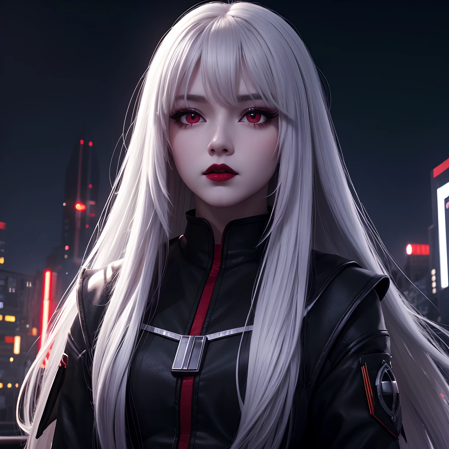 masterpiece, best quality CG unity 8k wallpaper, 1girl, white long hair, red eyes, black lips, night city