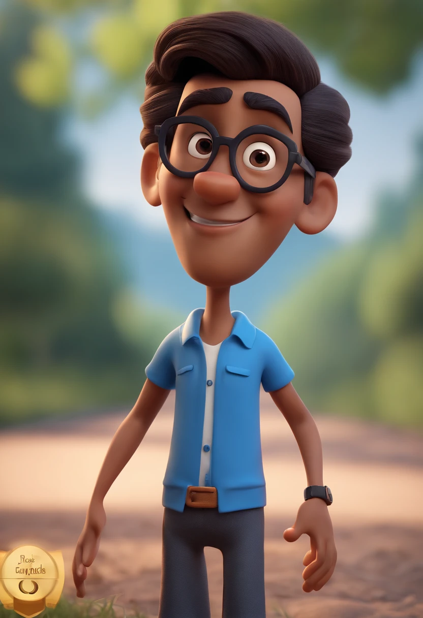 Cartoon character of a man with black glasses and a blue shirt, animation character, Caractere estilizado, animation style rendering, 3D estilizado, Arnold Maya render, 3 d render stylized, toon render keyshot, Personagem 3D, Personagem 3D, 3d rendering stylized, 3 d character render, personagem de desenho animado, Personagem de close up, Pose de personagem,  (Estilo Pixar) (master part:1.2) (Bokeh) (best quality) (pele detalhada) (textura detalhada) (8k) (argila) (Cinematic lighting) (foco nítido