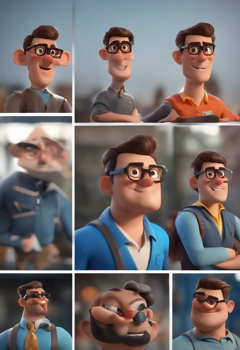Cartoon character of a man with black glasses and a blue shirt, animation character, Caractere estilizado, animation style rendering, 3D estilizado, Arnold Maya render, 3 d render stylized, toon render keyshot, Personagem 3D, Personagem 3D, 3d rendering stylized, 3 d character render, personagem de desenho animado, Personagem de close up, Pose de personagem,  (Estilo Pixar) (master part:1.2) (Bokeh) (best quality) (pele detalhada) (textura detalhada) (8k) (argila) (Cinematic lighting) (foco nítido