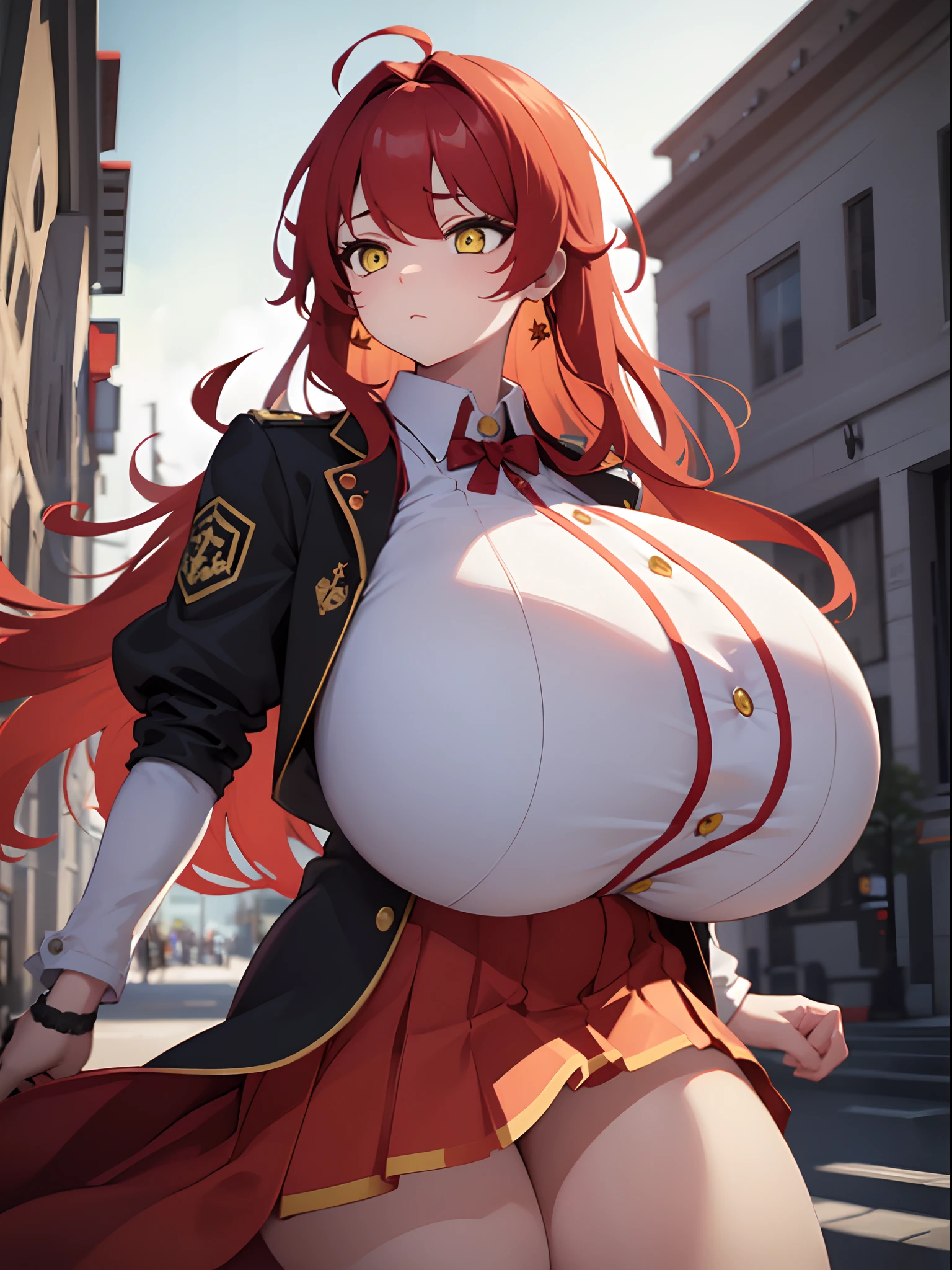 (masterpiece, best quality, absurdres), upper body, 1girl, huge breasts, yellow eyes, red hair, long hair, white dress, black jacket, single earring, topheavy, thick thighs, :),