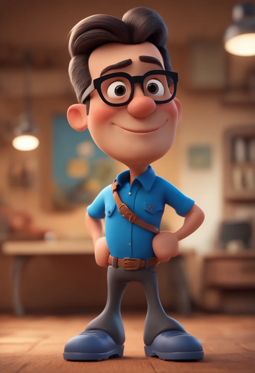 Cartoon character of a man with black glasses and a blue shirt, animation character, Caractere estilizado, animation style rendering, 3D estilizado, Arnold Maya render, 3 d render stylized, toon render keyshot, Personagem 3D, Personagem 3D, 3d rendering stylized, 3 d character render, personagem de desenho animado, Personagem de close up, Pose de personagem, (Estilo Pixar) (master part:1.2) (Bokeh) (best quality) (pele detalhada) (textura detalhada) (8k) (argila) (Cinematic lighting) (foco nítido