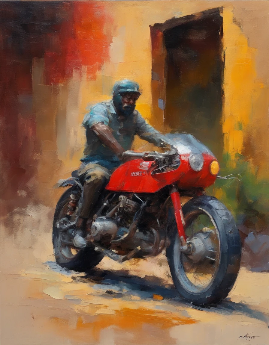 1 Mechanical argumentation, Ducati Motobike Three Bedroom View Not Factory Set Classic Outside A Garage Being Repaired, Janelas de bruxa de garagem, symmetr, sala lotada, esquete, com um pouco de lama na carroceria e no para-brisa, farol cinza e vermelho claro e vermelho pastel aceso, estilo de pintura com grande moda, 4k, vista ampliada, pinceladas expressionistas pintam na artstation, arte conceitual, Cyberpunk, --ar 2:3
