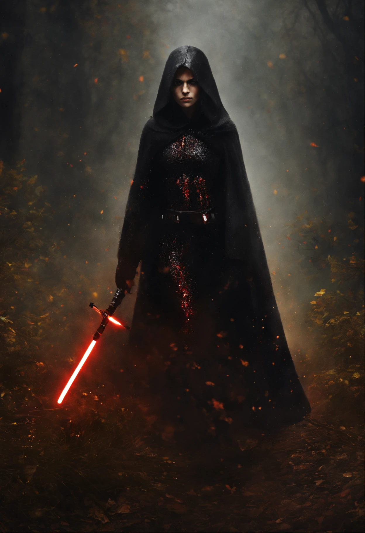 (best quality:1.2,4k,Altas),Realistic,Traje do personagem Sith,Escuro,morena europeia bonita detalhada,Menina de 20 anos,vestido como um Sith de Star Wars,com olhos amarelos,sabre de luz vermelho,Floresta noturna,darkeness,floresta,sabre de luz reluzente,illuminating the darkness