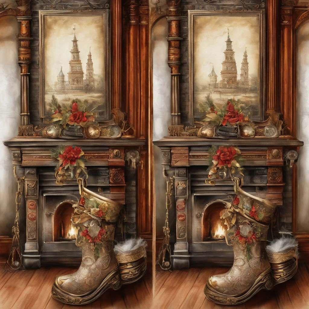 Two Christmas stockings hanging at a richly decorated fireplace, watercolor, white background