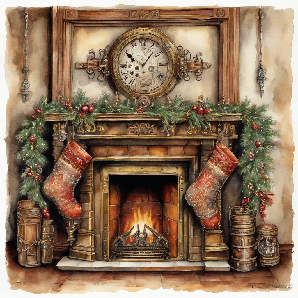 Two Christmas stockings hanging at a richly decorated fireplace, watercolor, white background