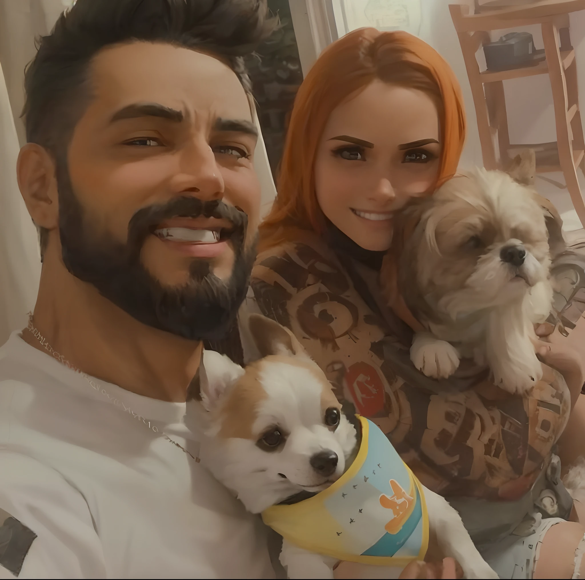 There is a man with light brunette black hair with a beard and holding a brown and white dog with a bandana a woman with orange hair, Pixar Style: 3D Poster,Disney