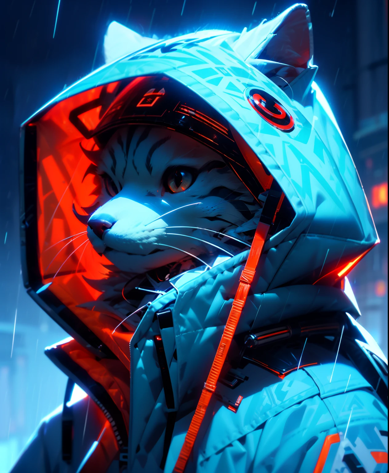 masutepiece, Best Quality, Solo, Rain, hoods, Furry, Hood Up, Jacket, Upper body, hooded jacket, Closed mouth, whiskers, raincoat, Siberian Husky Dog, Furry, Sagged ears, brue eyes, Portrait,masutepiece, Best Quality,Black trench coat，Orange pattern，White mask，Cyberpunk Personality