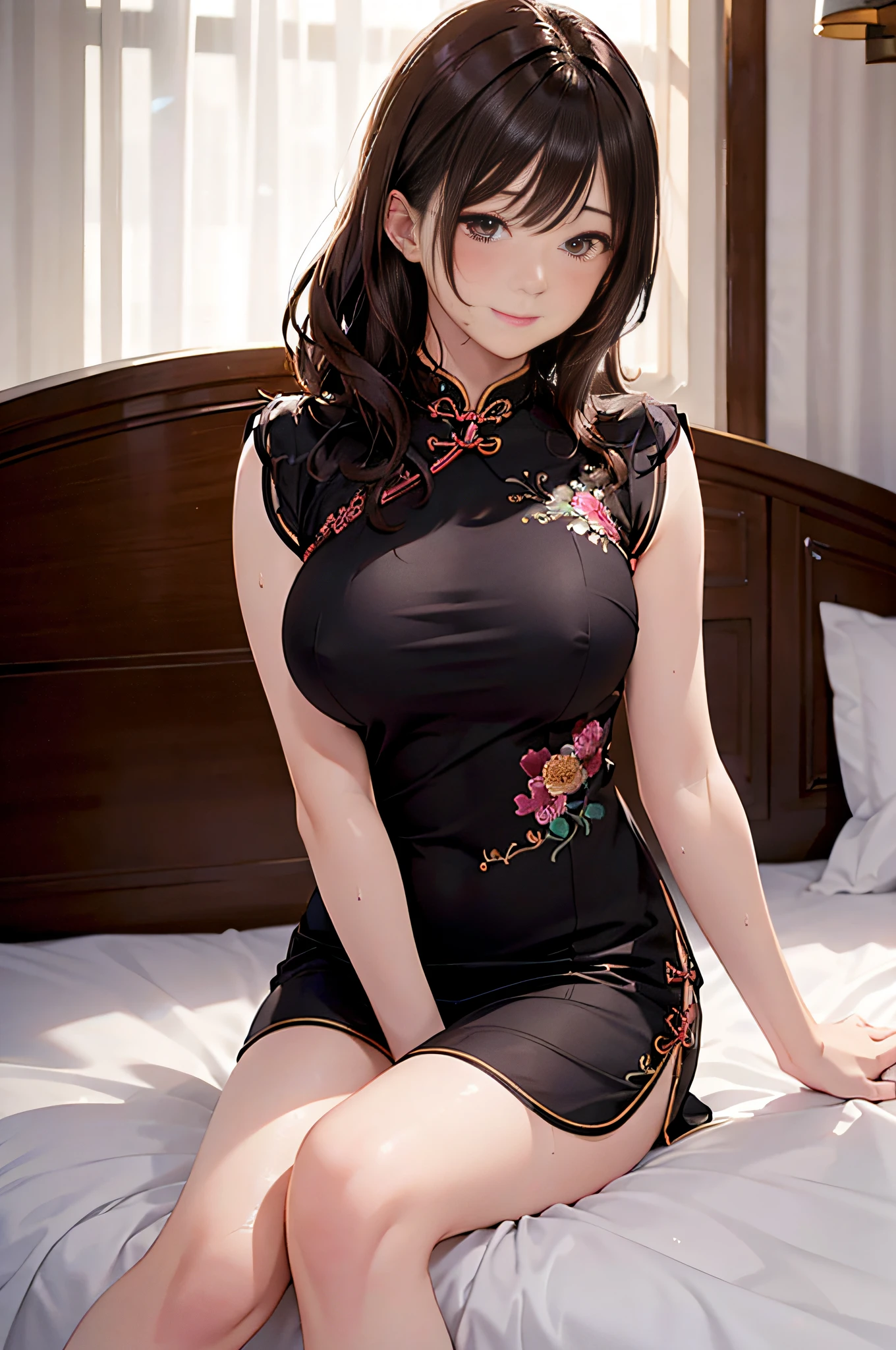 masutepiece,Best Quality,High resolution,Fine details,Solo,Adult Woman,blush,Curve,Large breasts,Sweat,Oily skin,(Brightly colored embroidered cheongsam),(On a luxury hotel bed)、Dark brown longhair、lyin in bed、Shy laughter