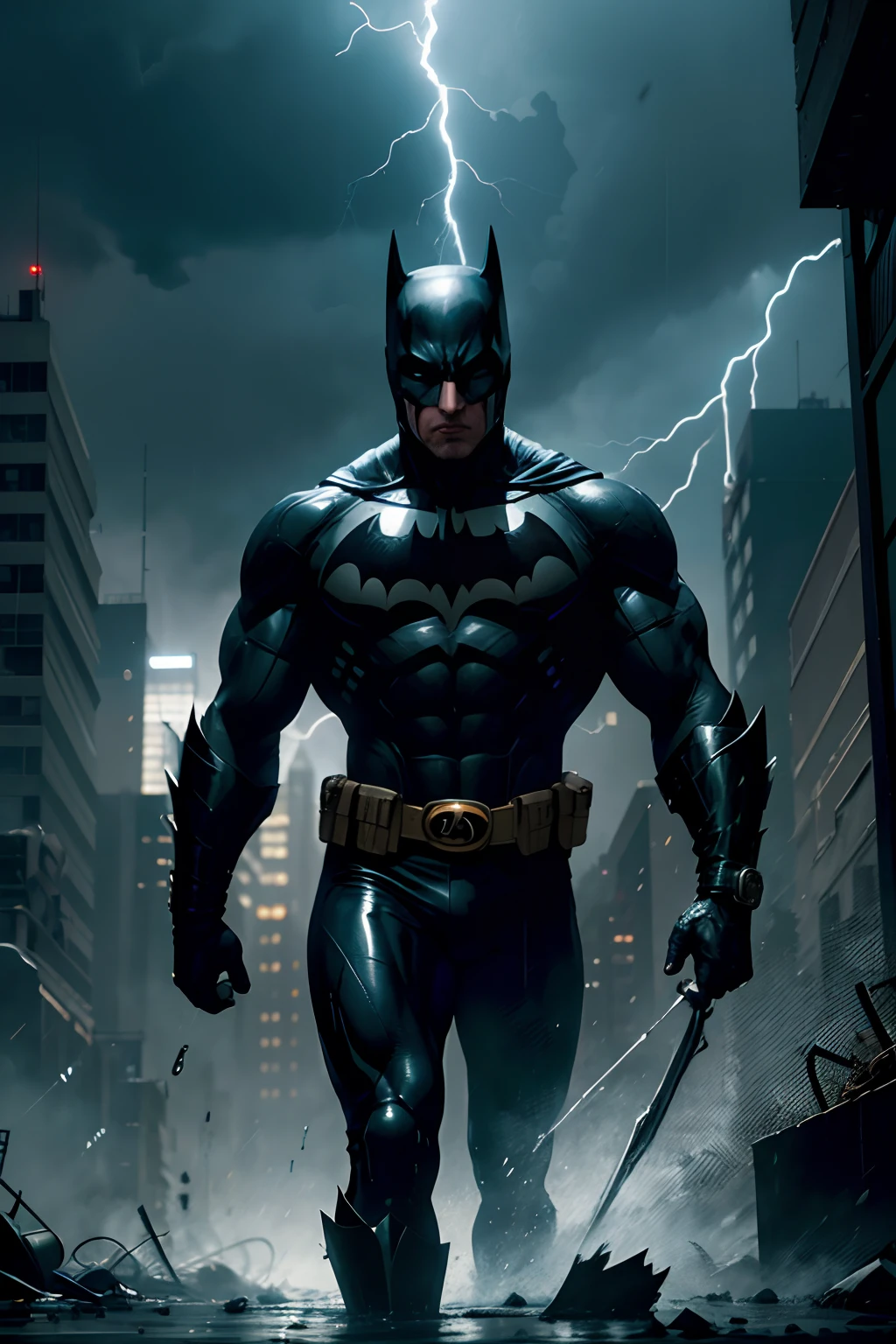 Nas ruas sombrias de Gotham, Torrential rain falls relentlessly as white and blue lightning tears across the night sky. O Batman, ferido e exausto, Face off against a horde of bloodthirsty criminals. Your body is a target for deep cuts, Bathing the night in a red hue of violence. The fight is fierce, but the Dark Knight doesn't back down. Correndo perigo de vida, ele se ergue contra as adversidades, determined to deliver justice amidst the storm of Gotham's darkness. In the midst of all this, include many explosions, sangue nas ruas e paredes, a meteor falling from the open sky to the ground in Gotham.