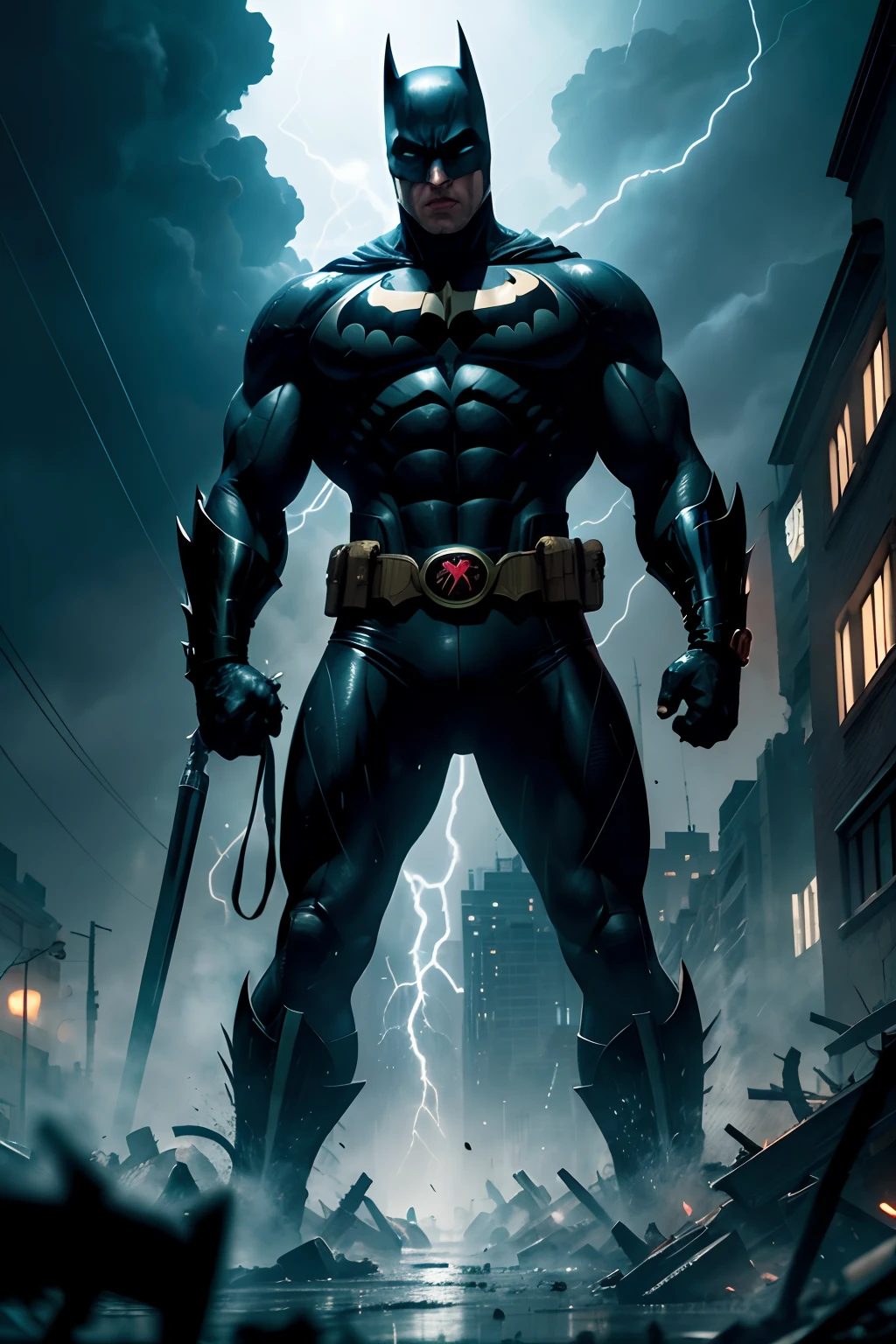 Nas ruas sombrias de Gotham, Torrential rain falls relentlessly as white and blue lightning tears across the night sky. O Batman, ferido e exausto, Face off against a horde of bloodthirsty criminals. Your body is a target for deep cuts, Bathing the night in a red hue of violence. The fight is fierce, but the Dark Knight doesn't back down. Correndo perigo de vida, ele se ergue contra as adversidades, determined to deliver justice amidst the storm of Gotham's darkness. In the midst of all this, include many explosions, sangue nas ruas e paredes, a meteor falling from the open sky to the ground in Gotham.
