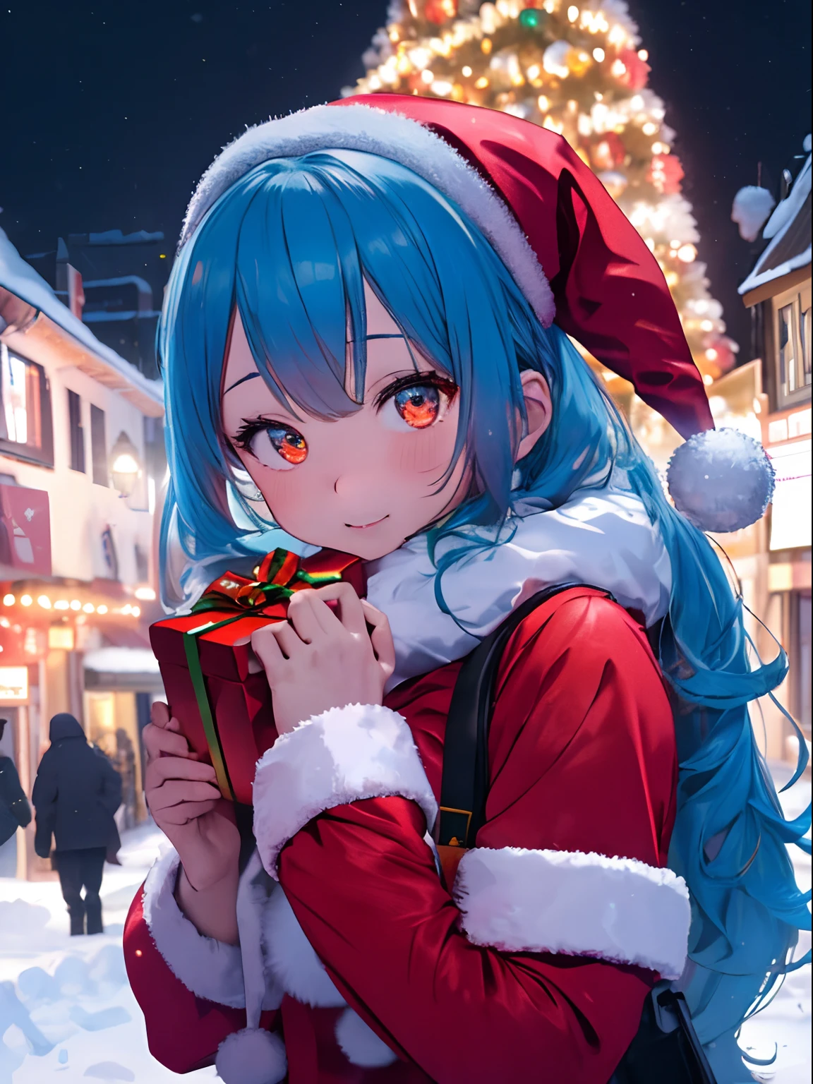 In the city covered with winter snow,Voluminous and fluffy Santa costumes,Christmas tree,Beautiful and fantastic night illumination,lightblue hair,Orange Eyes,There are many presents and ornaments around,